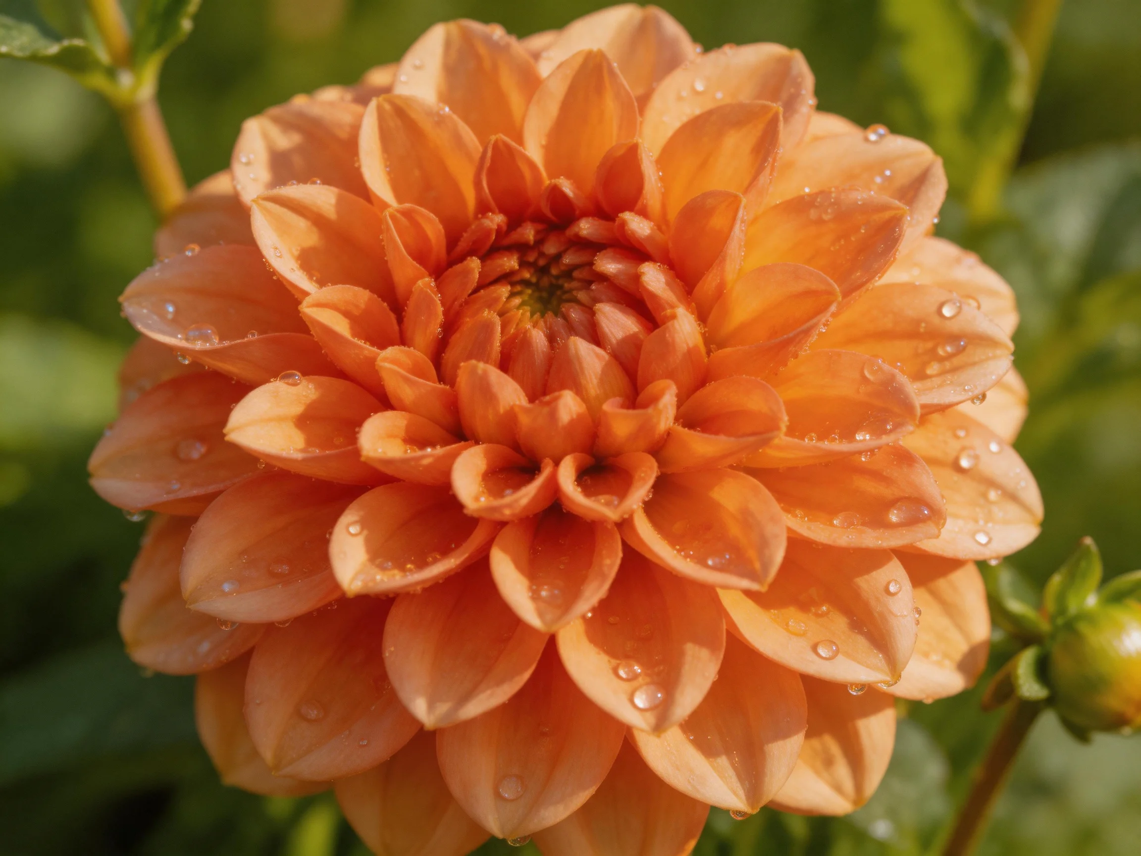 A vibrant orange dahlia with water droplets and green foliage