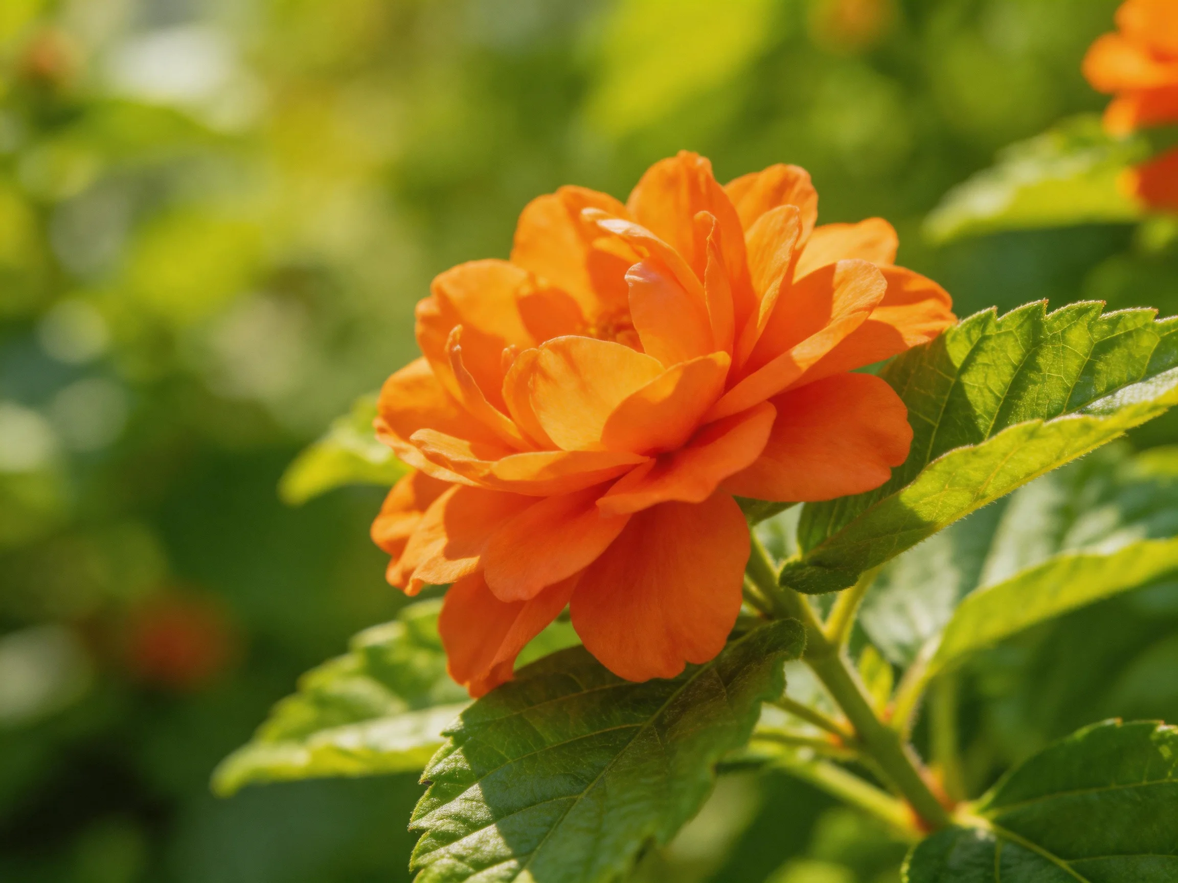 A vibrant orange flower blooms amid lush green foliage