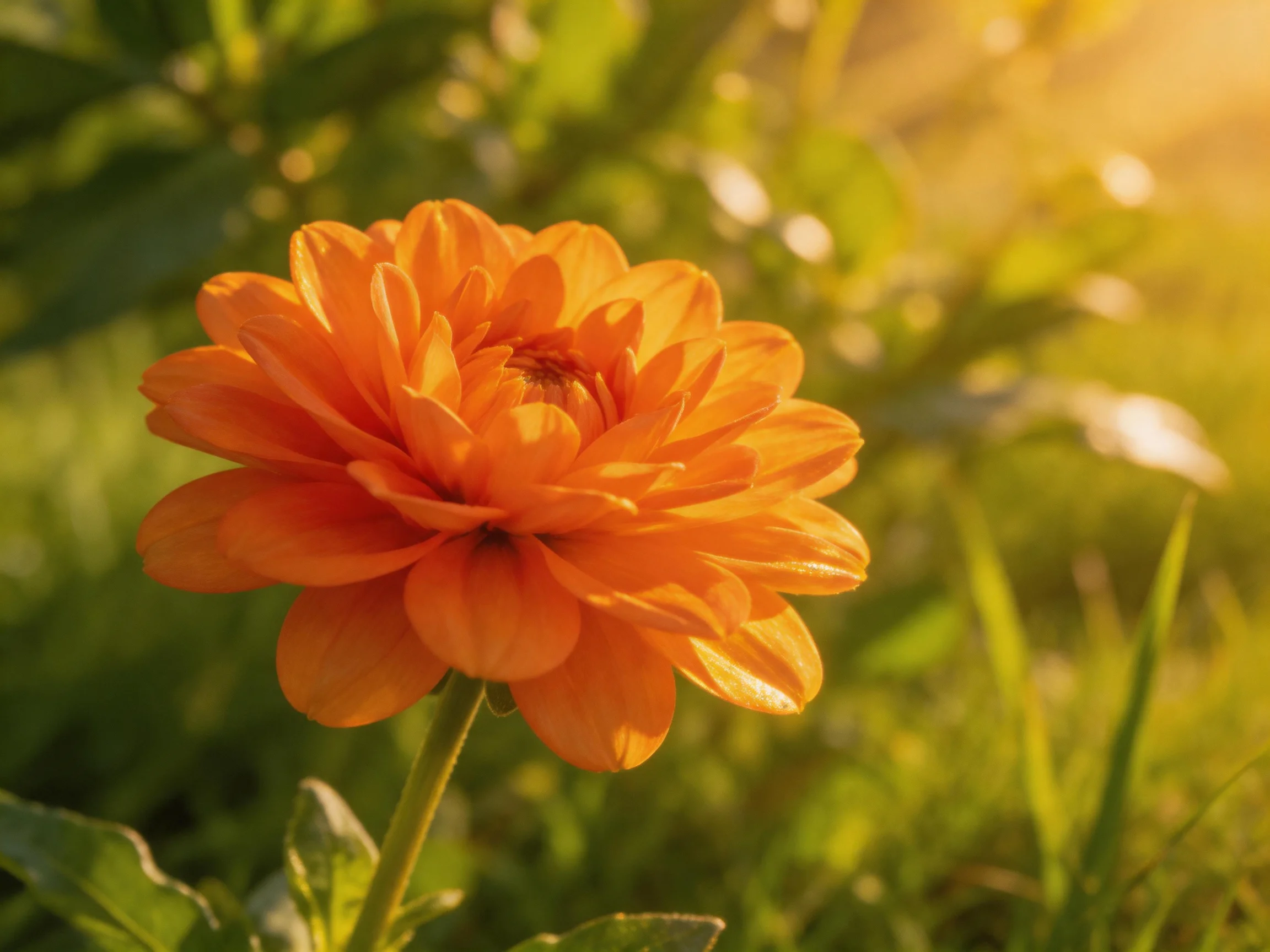 A vibrant orange flower blooms amid lush green foliage under golden sunlight