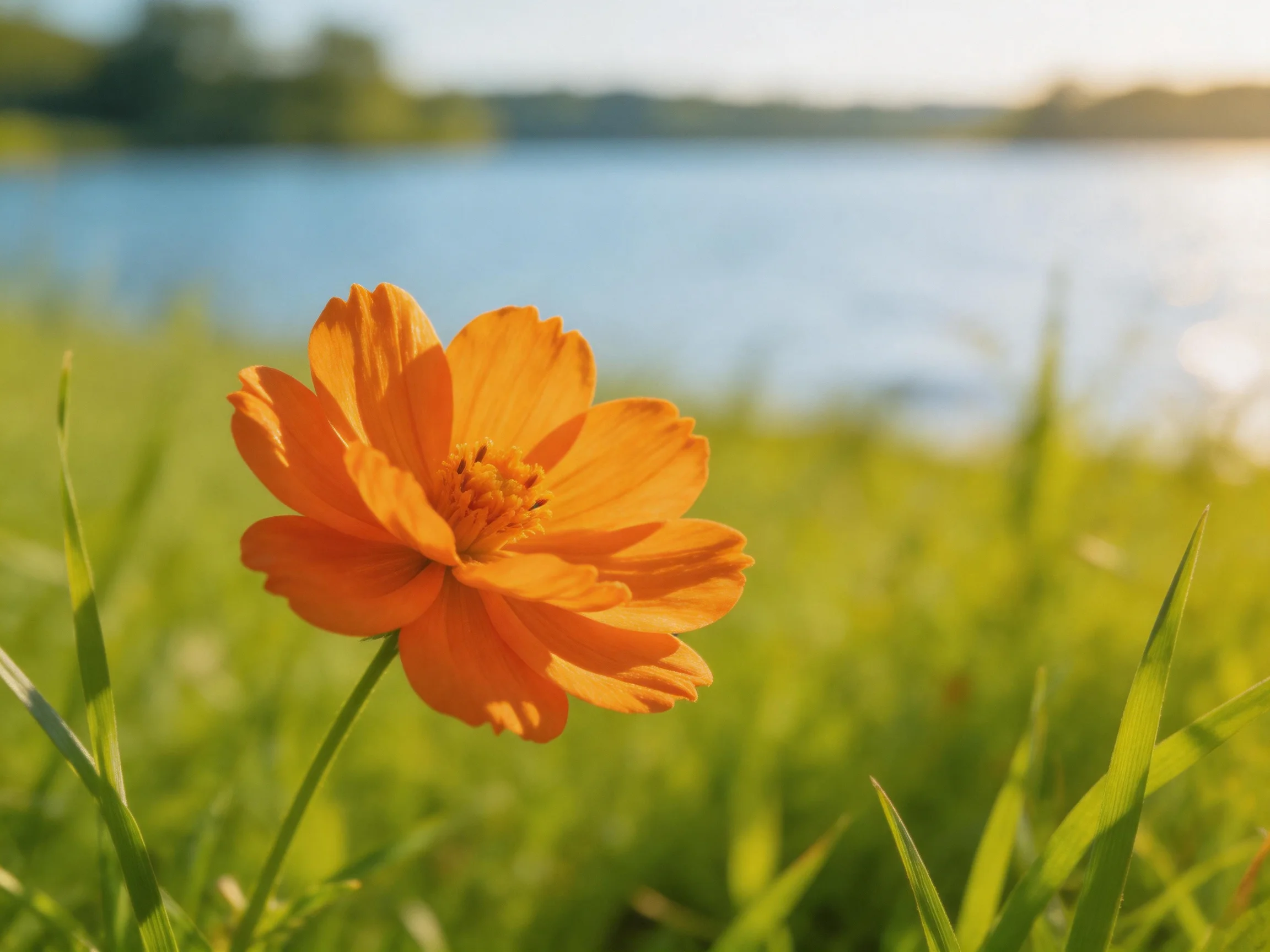 A vibrant orange flower blooms amid lush green grass by serene blue water