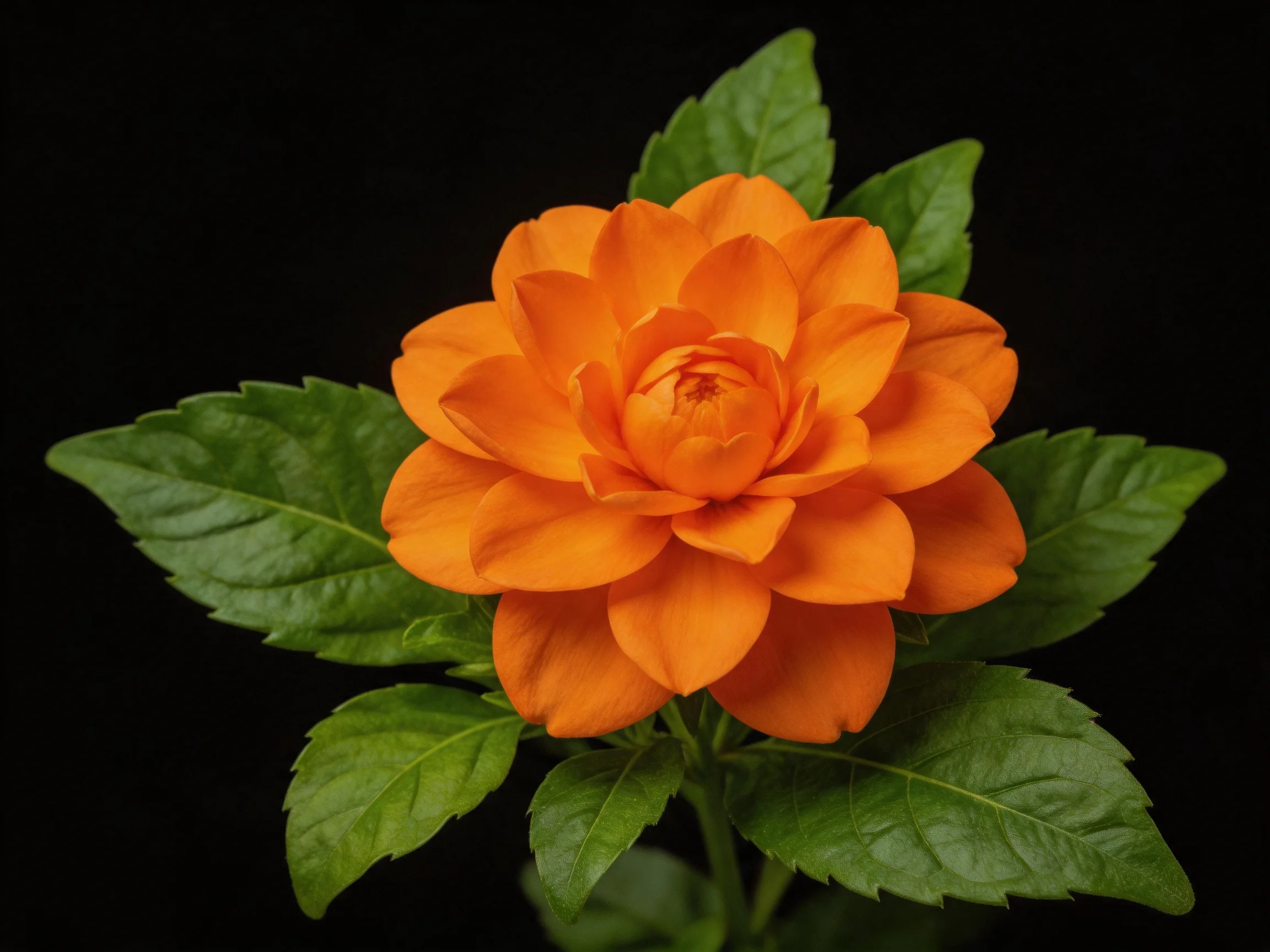 A vibrant orange flower surrounded by lush green leaves on a black background