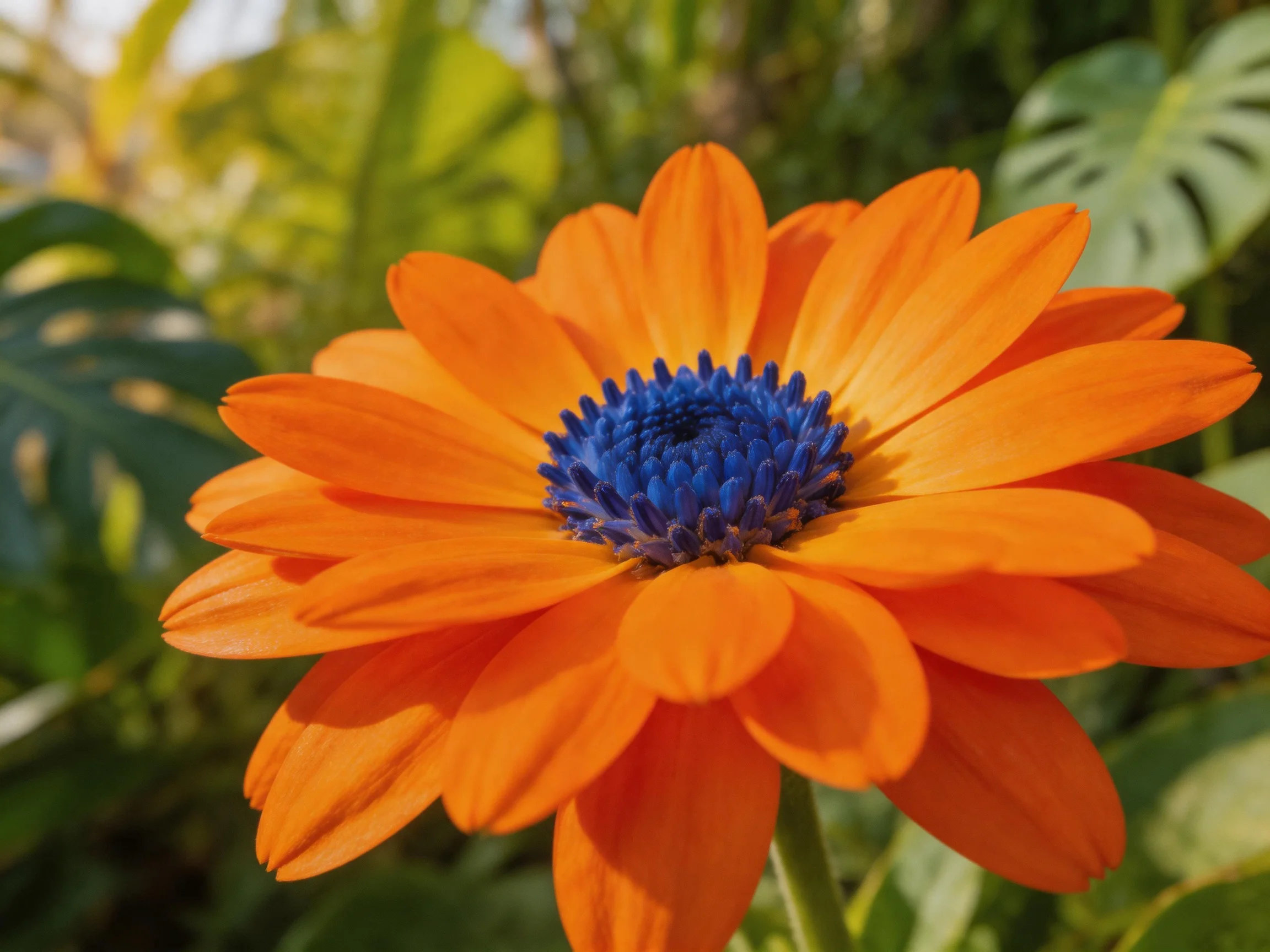 A vibrant orange flower with a deep blue center amidst lush green foliage
