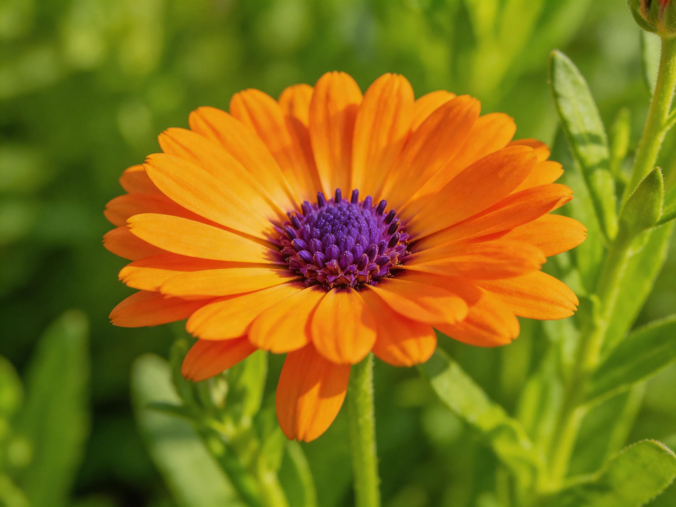 A vibrant orange flower with a deep purple center amid lush green foliage