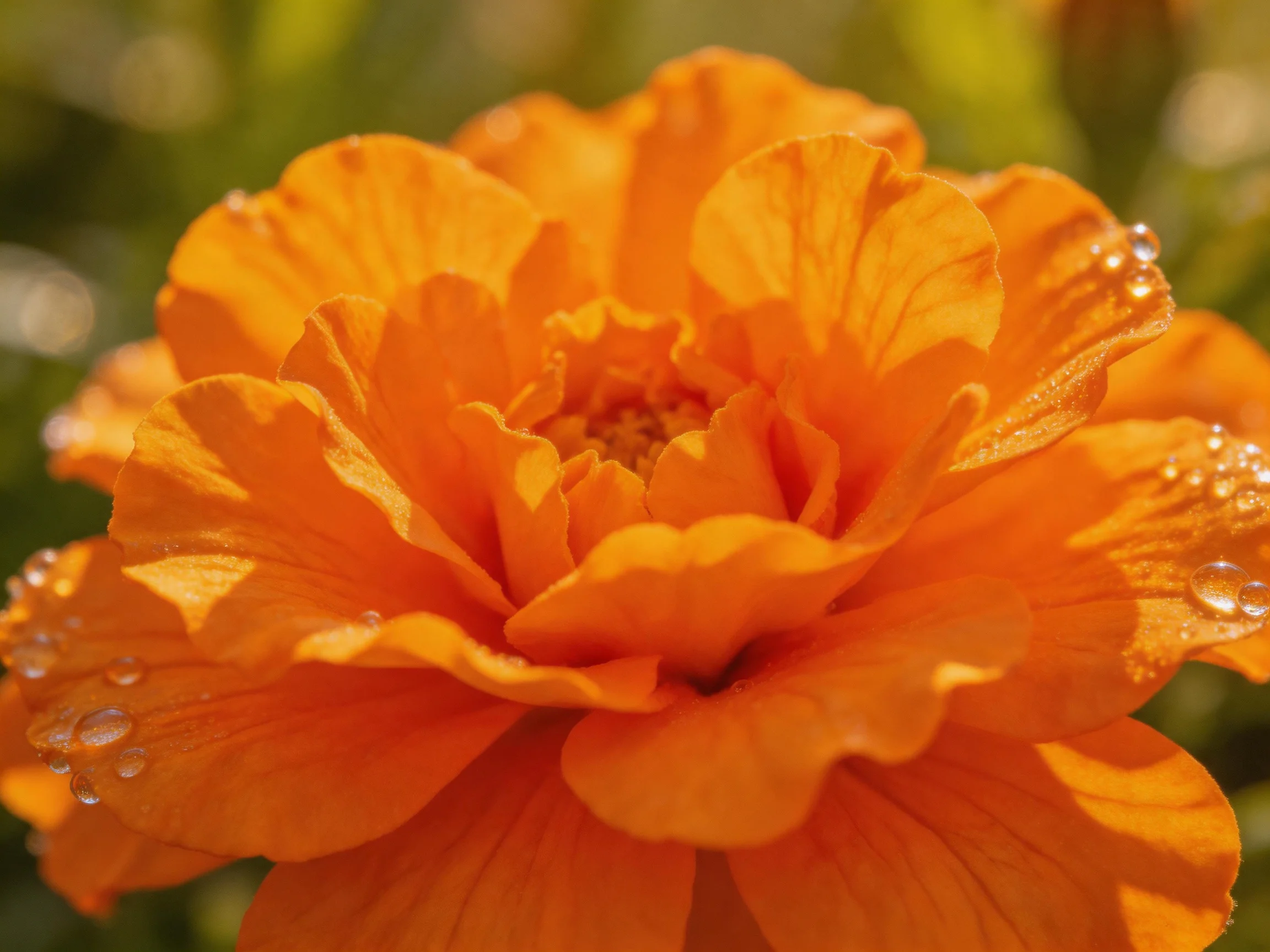 A vibrant orange flower with dew droplets glistening in sunlight