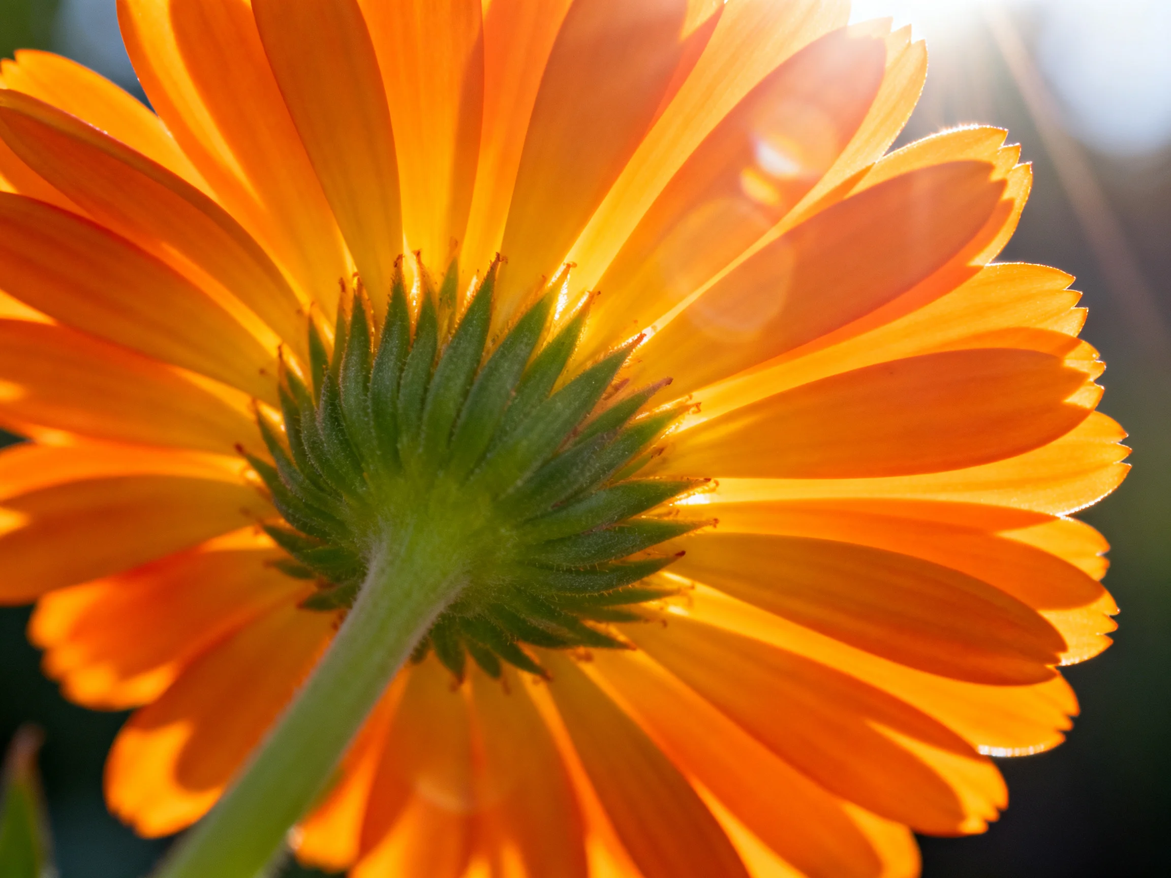 A vibrant orange flower with green center backlit by warm sunlight