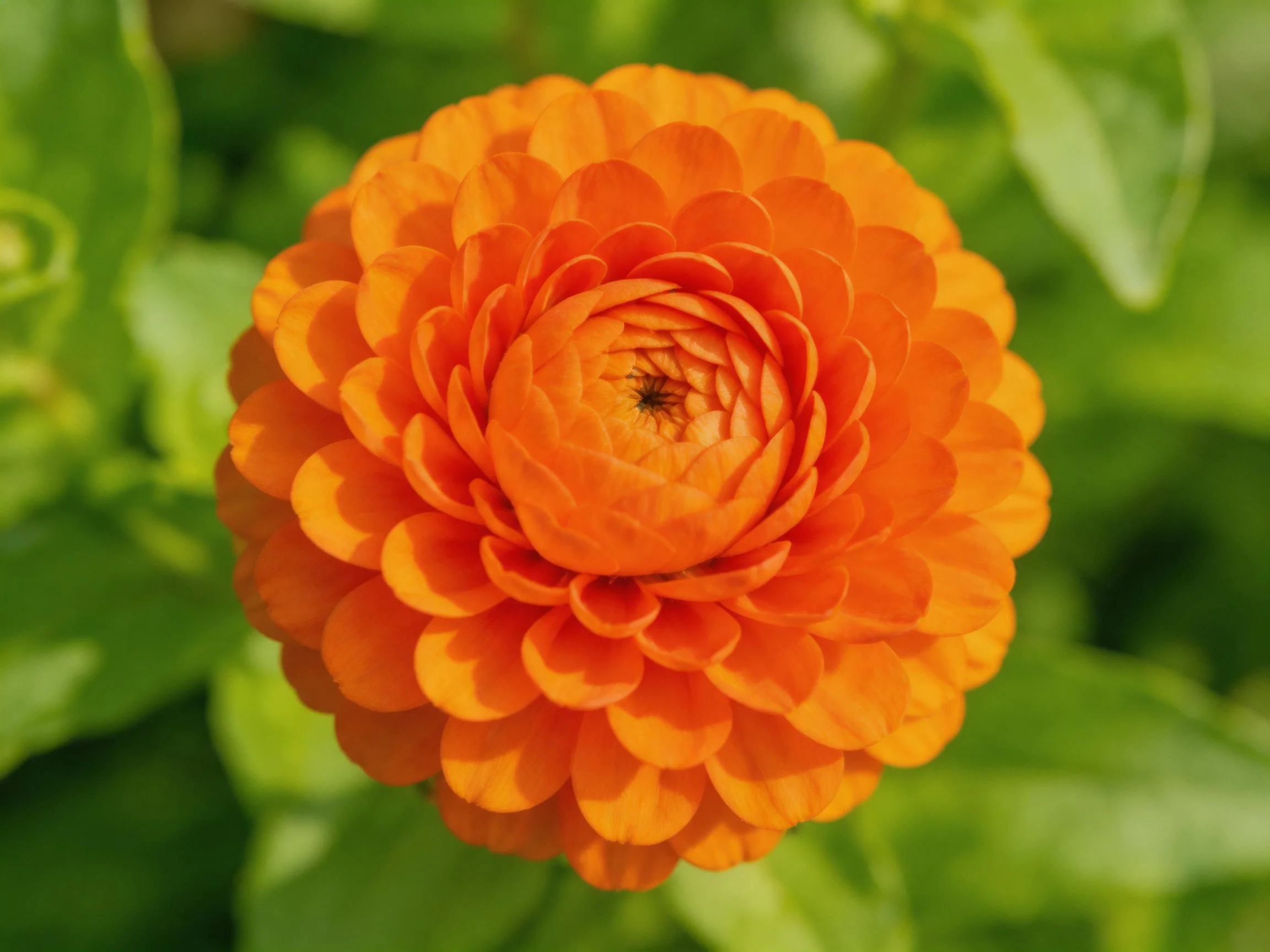 A vibrant orange flower with layered petals against lush green foliage