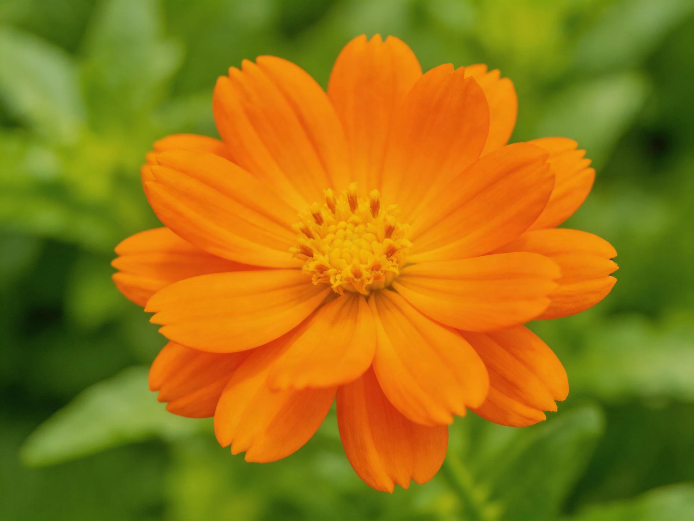 A vibrant orange flower with layered petals against lush green foliage