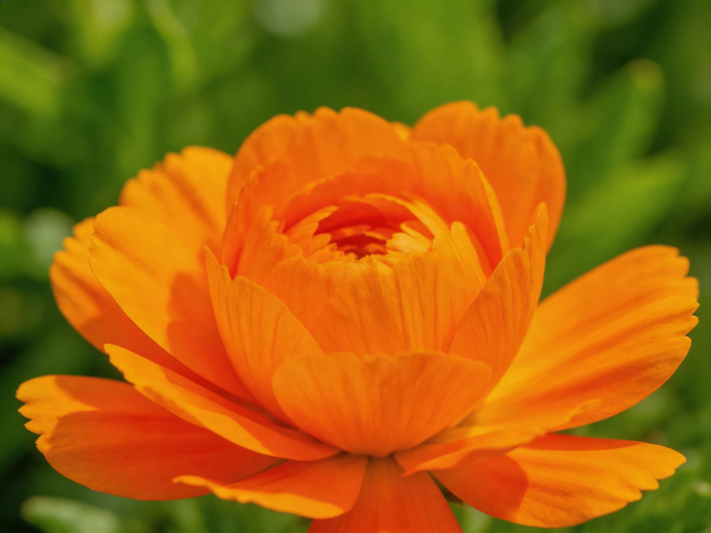 A vibrant orange flower with layered petals amidst green foliage