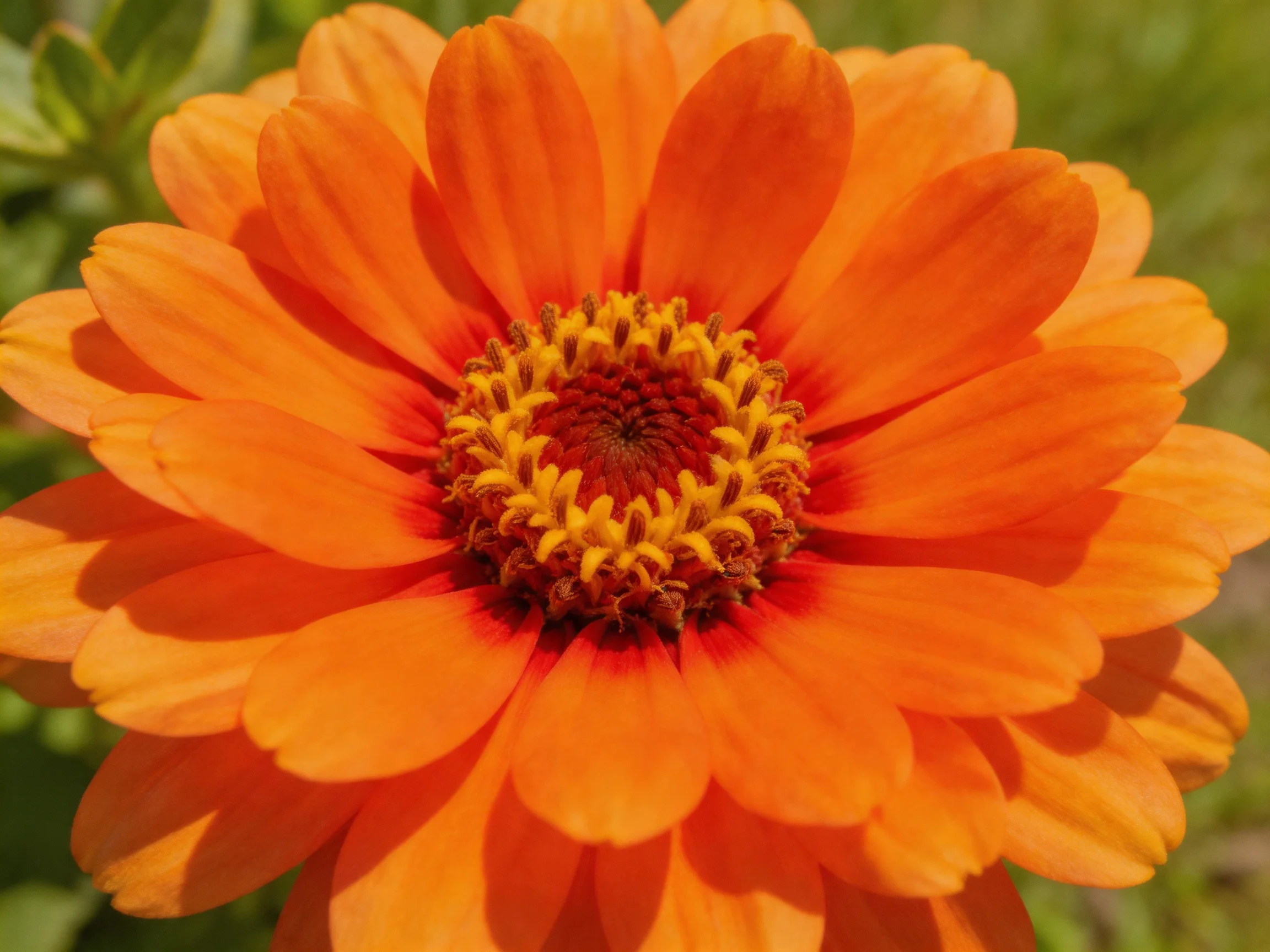 A vibrant orange flower with layered petals and a yellow-brown center