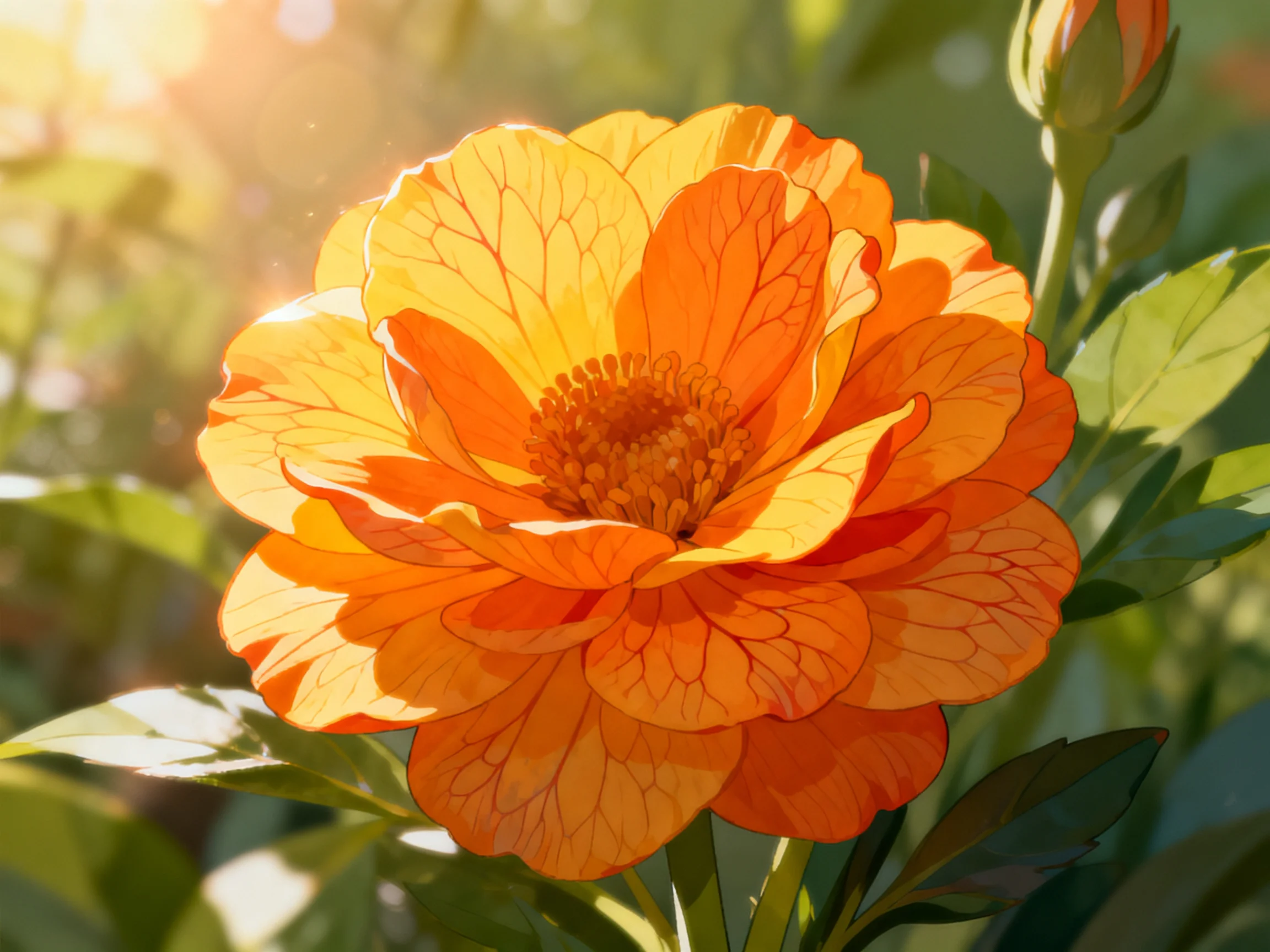 A vibrant orange flower with layered petals and green foliage