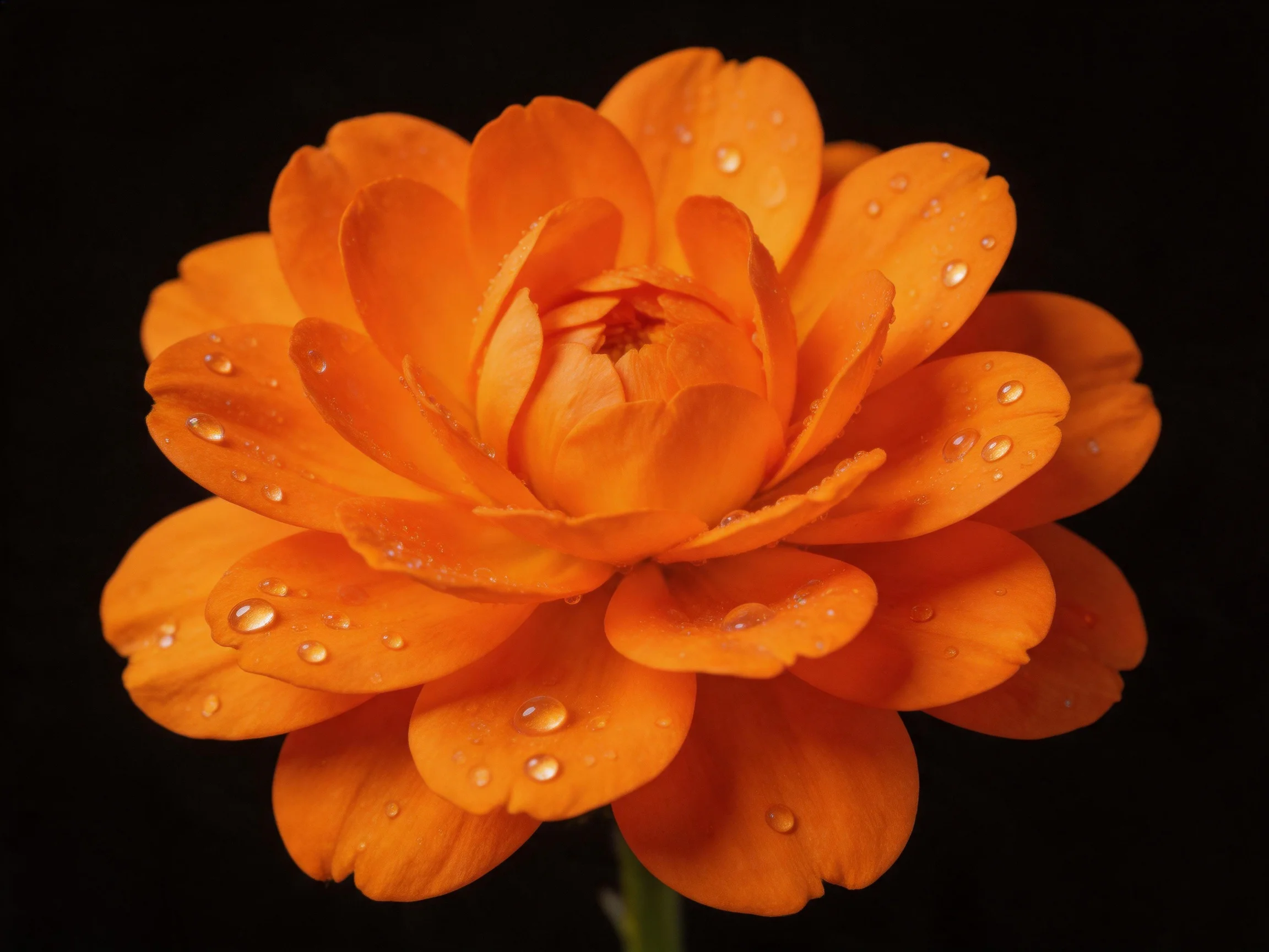 A vibrant orange flower with layered petals and water droplets