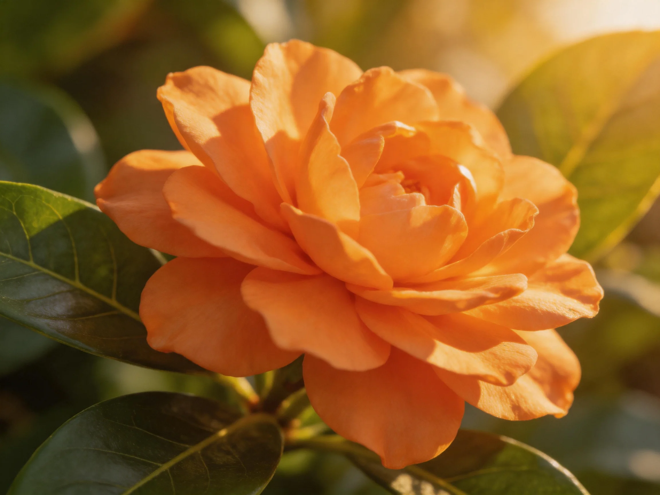 A vibrant orange flower with layered petals near green leaves