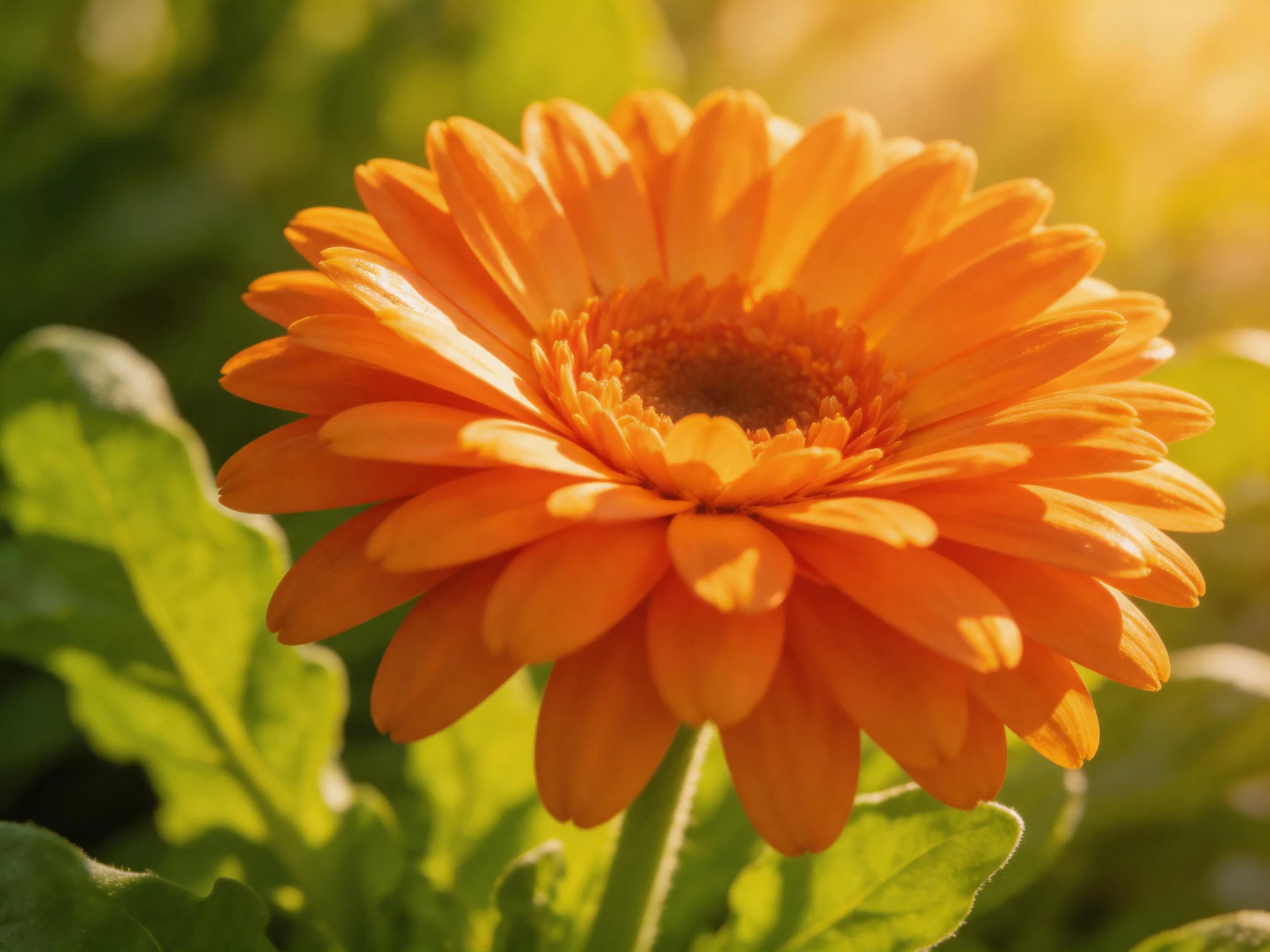 A vibrant orange gerbera daisy blooms amid green foliage under golden sunlight