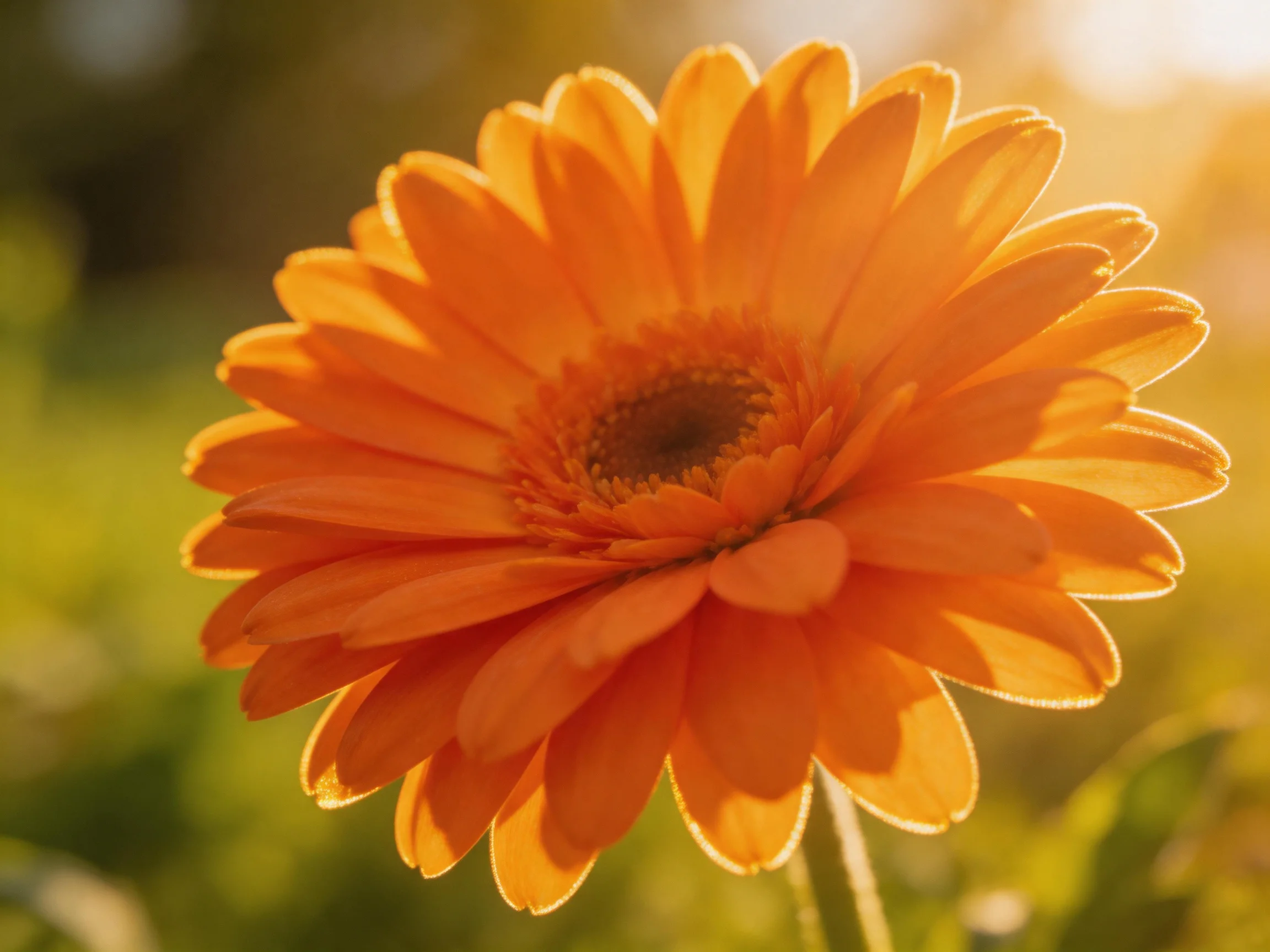 A vibrant orange gerbera daisy illuminated by warm sunlight