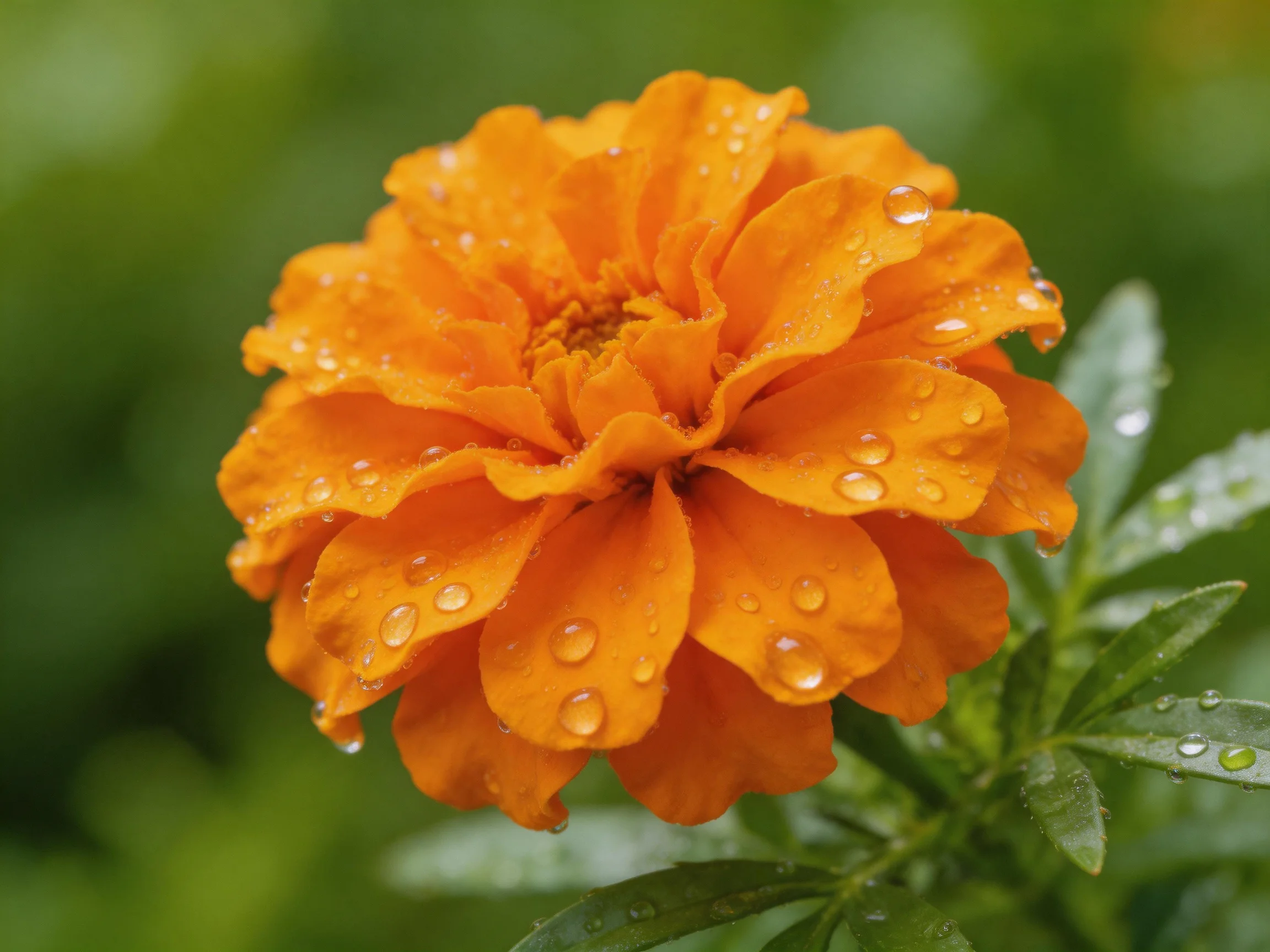 A vibrant orange marigold adorned with glistening water droplets