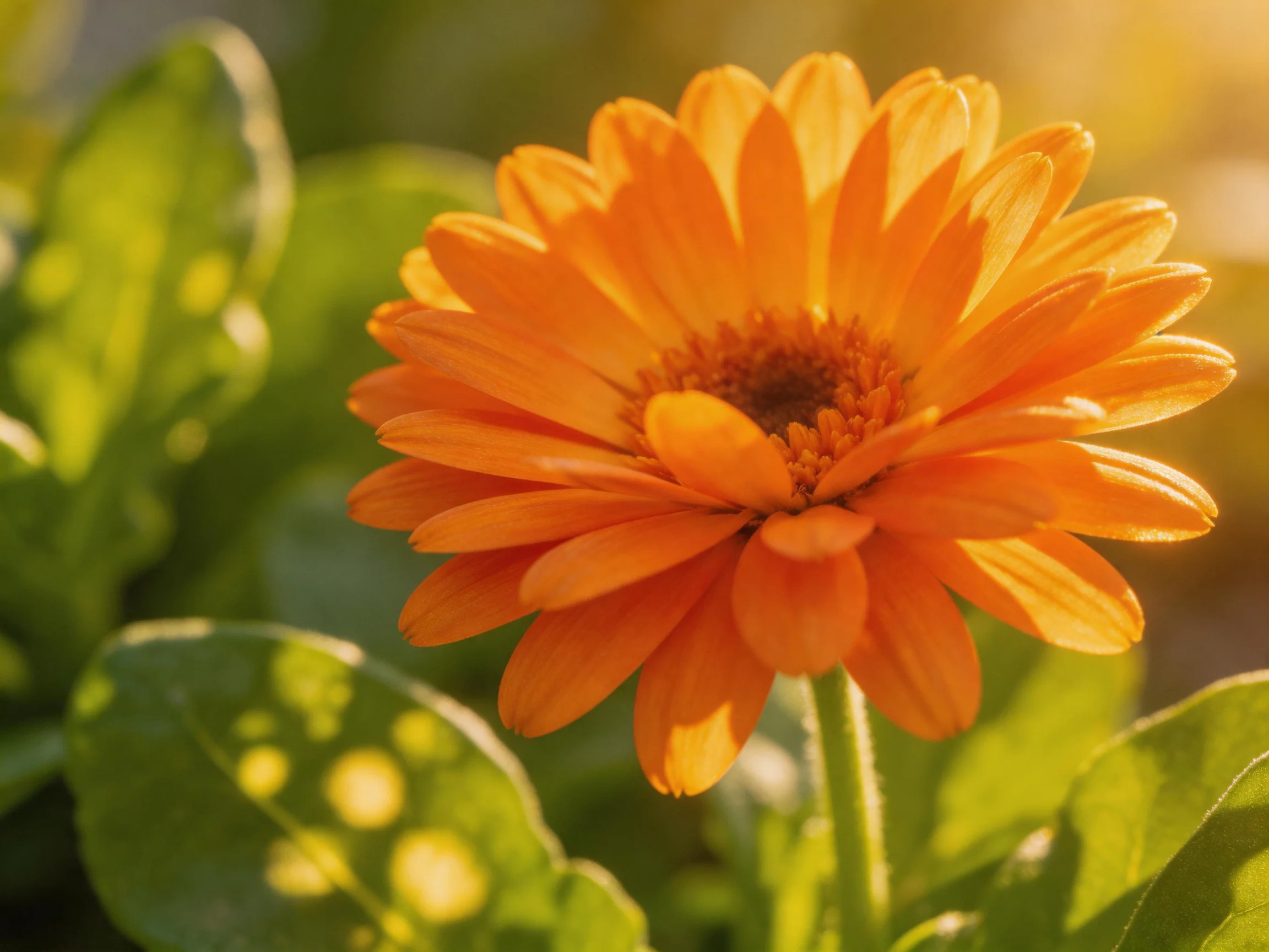 A vibrant orange marigold blooms amid lush green foliage under warm sunlight