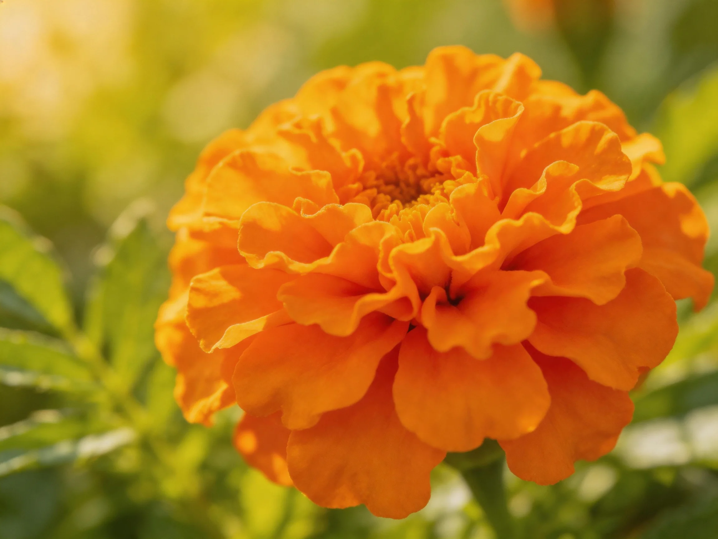 A vibrant orange marigold blooms amidst soft green foliage