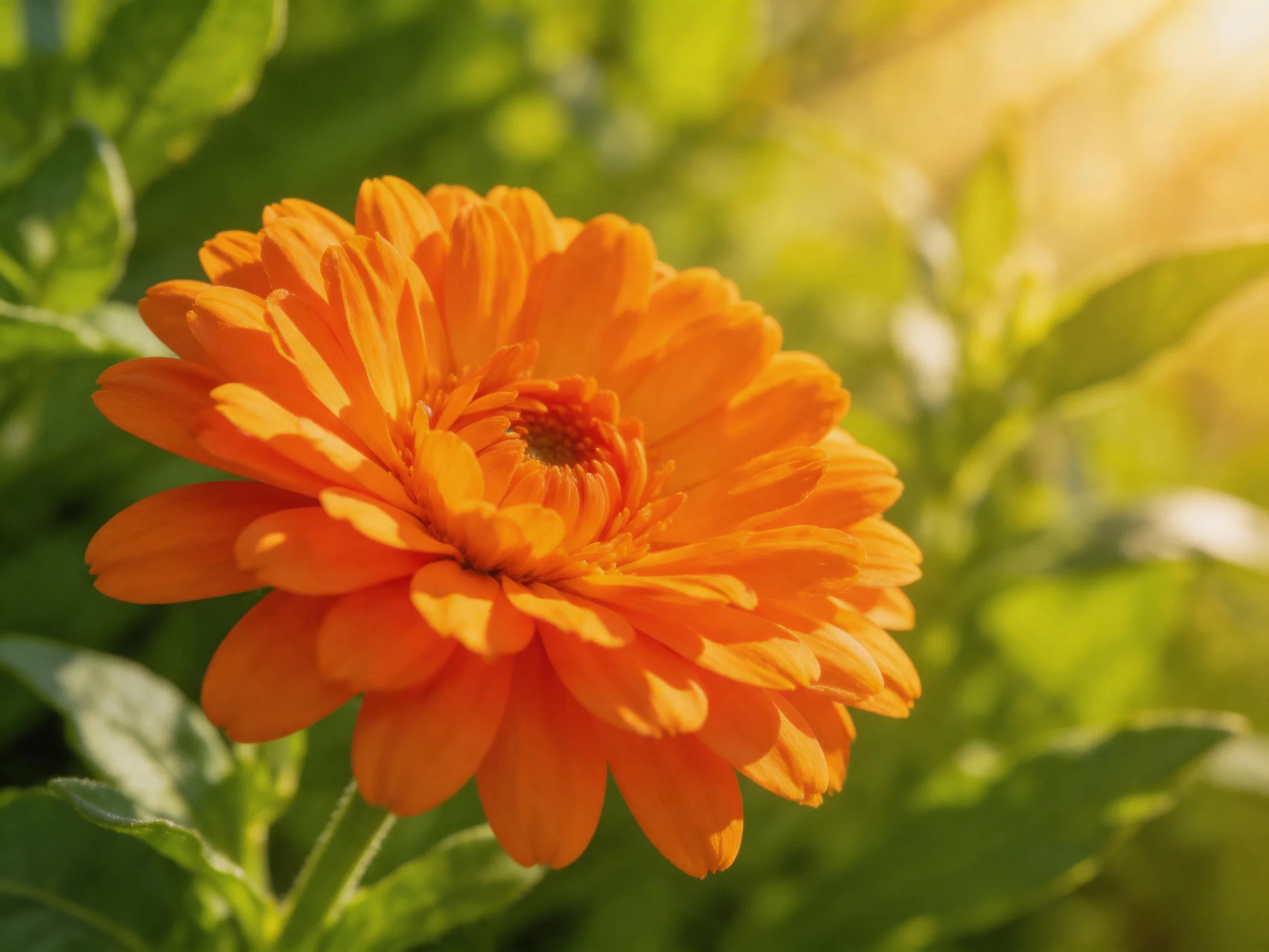 A vibrant orange marigold blooms among lush green foliage under warm sunlight
