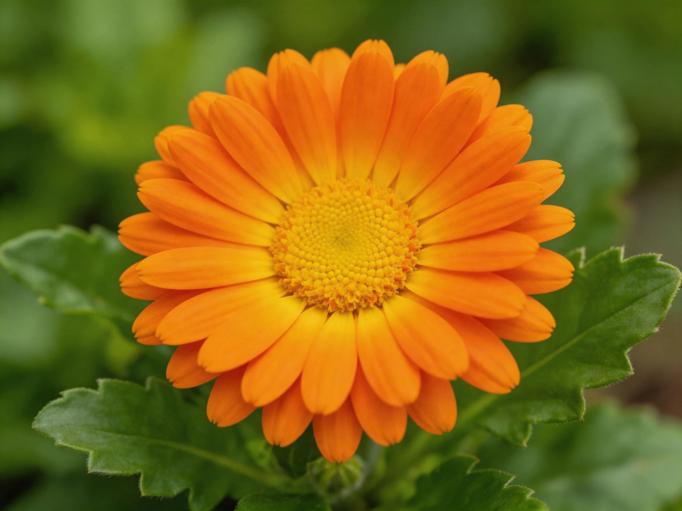 A vibrant orange marigold flower with lush green foliage