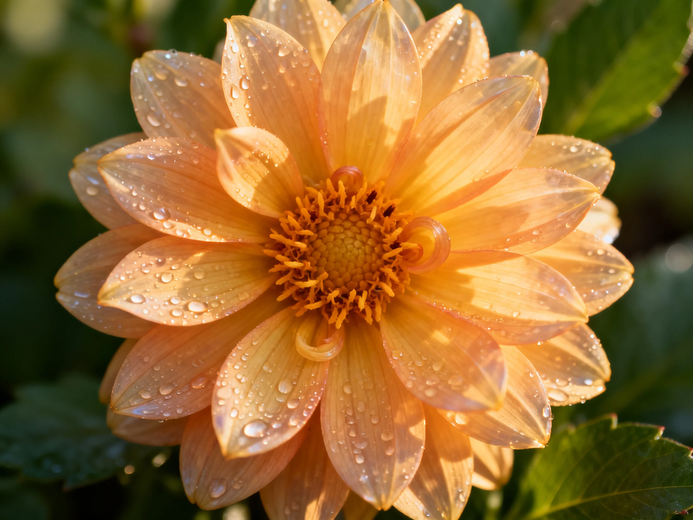A vibrant orange-pink dahlia adorned with glistening water droplets