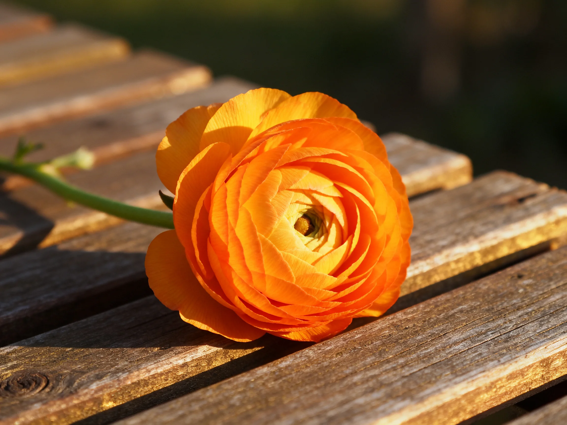 A vibrant orange ranunculus flower rests on weathered wooden planks