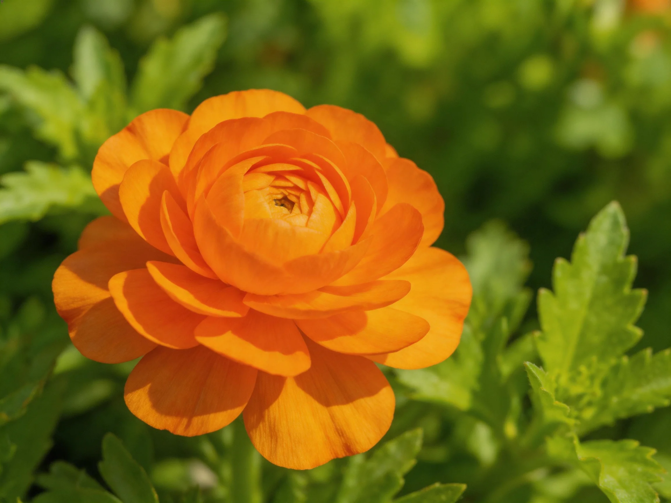 A vibrant orange ranunculus flower surrounded by green foliage