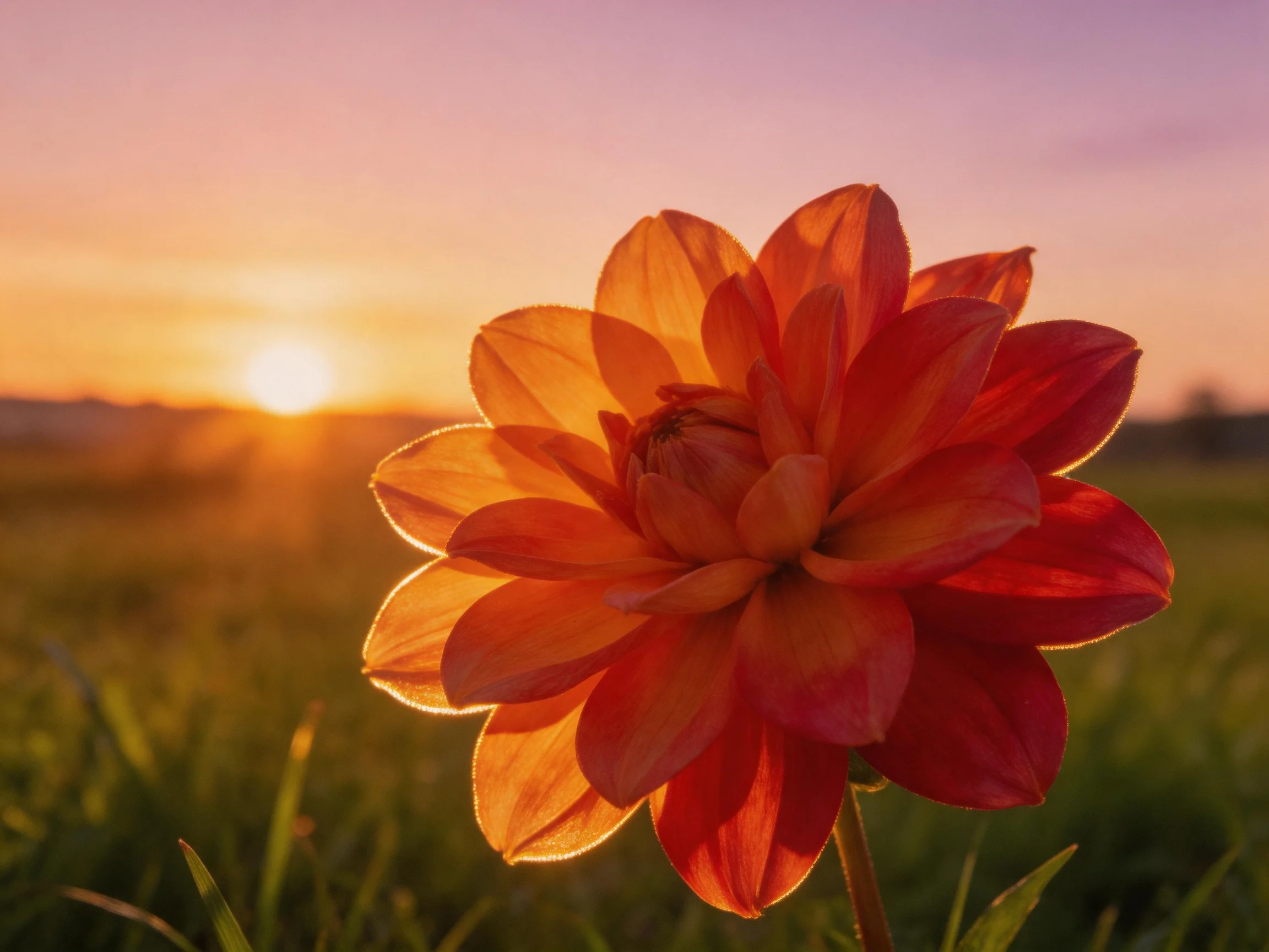 A vibrant orange-red flower stands out against a glowing sunset sky