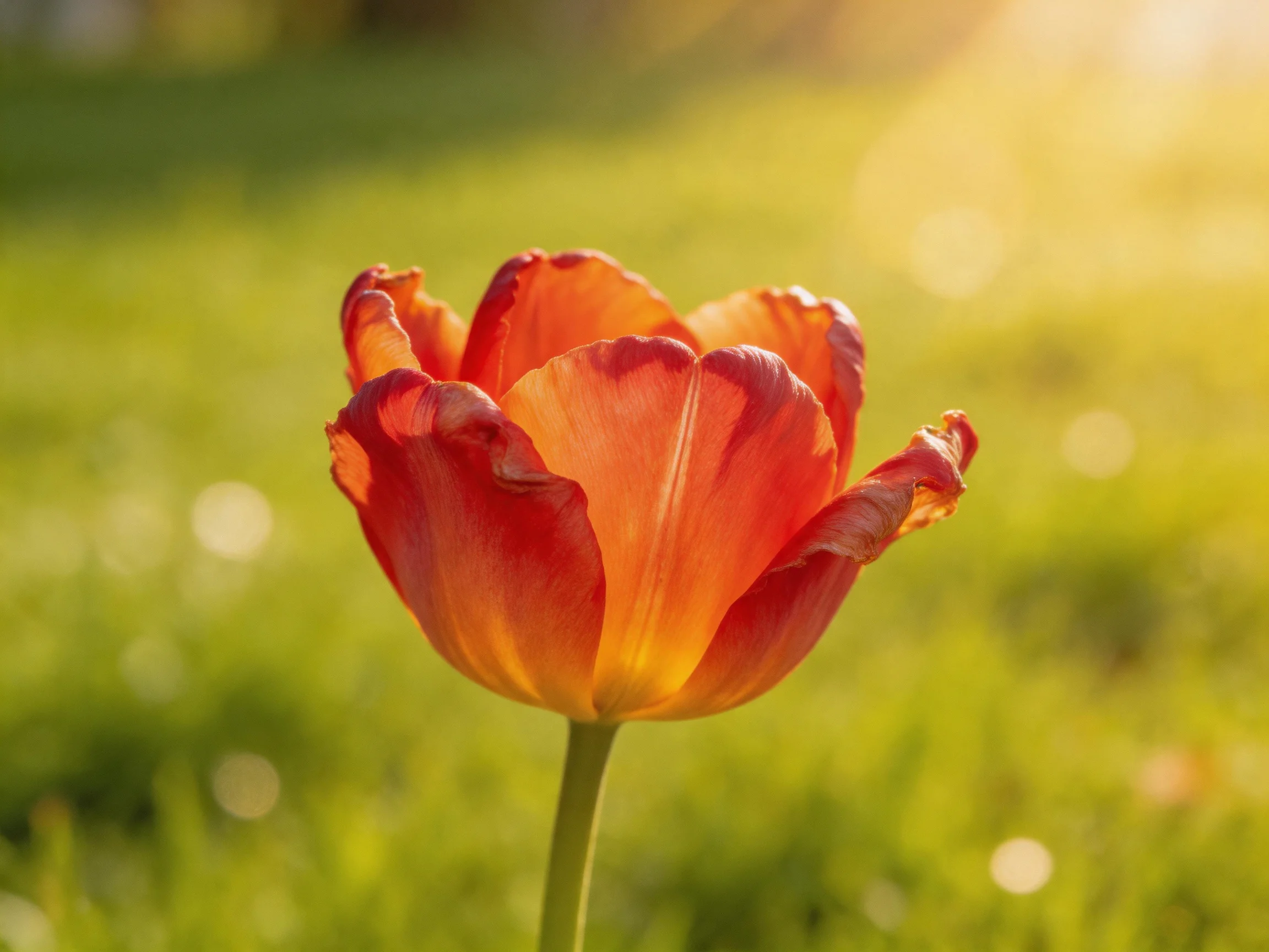 A vibrant orange-red tulip with ruffled petals on a soft green backdrop