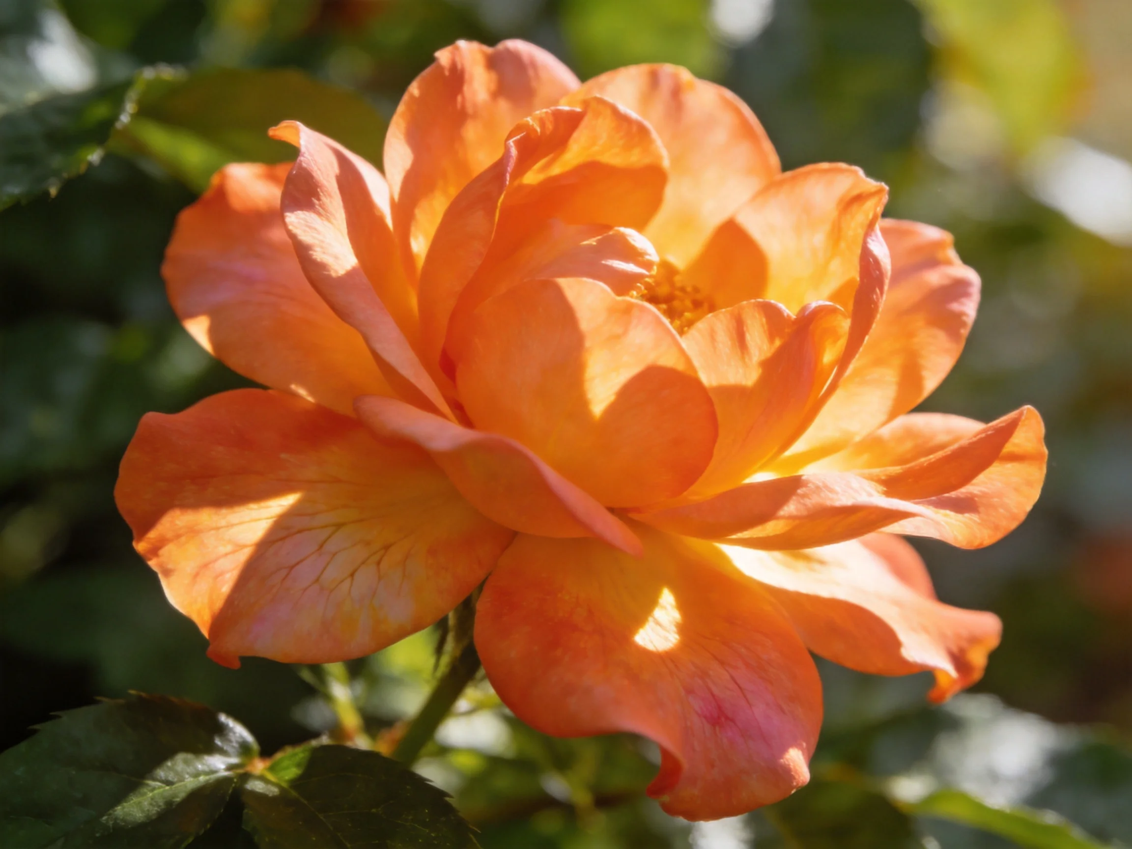 A vibrant orange rose blooms amidst lush green foliage