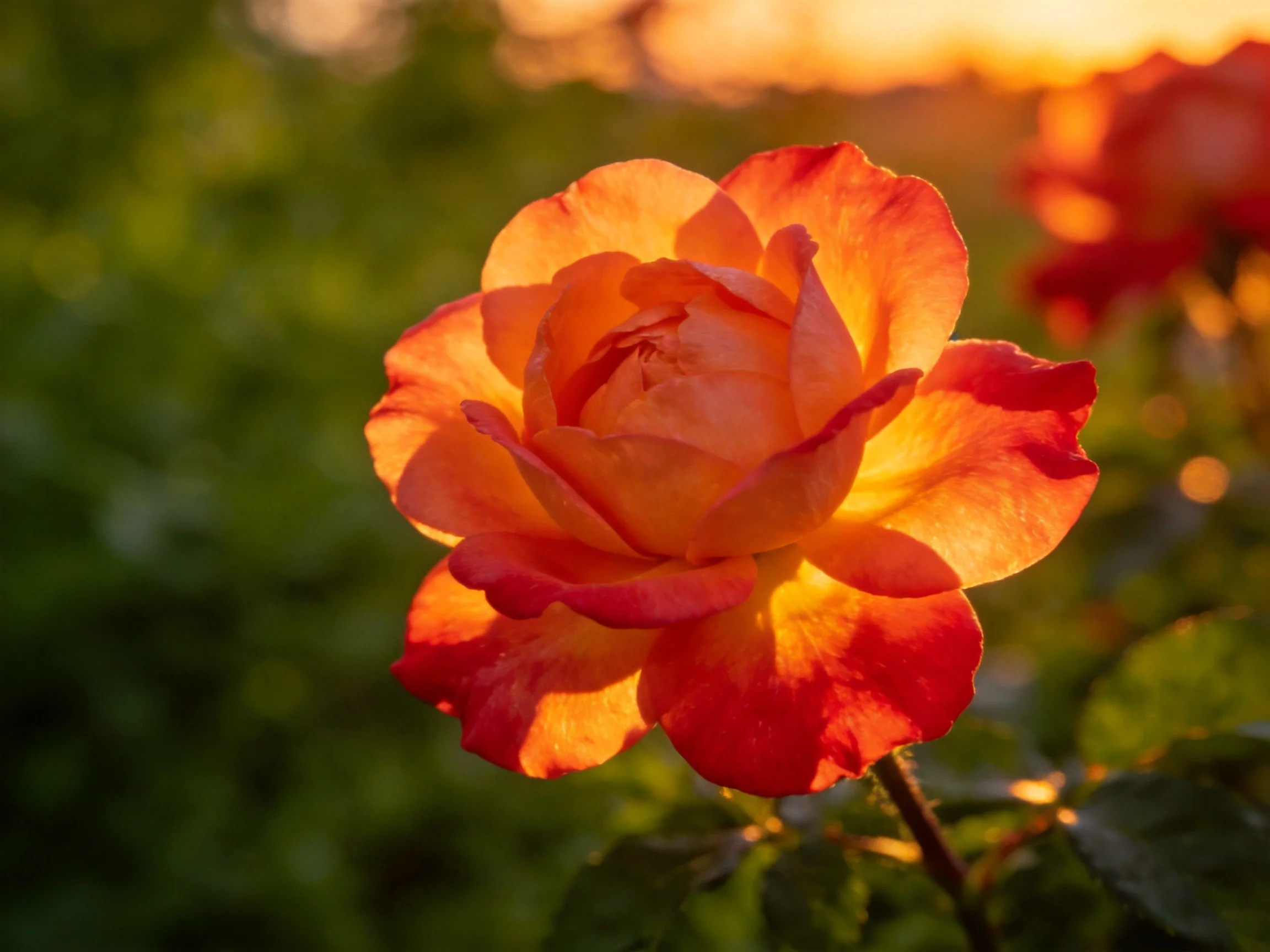 A vibrant orange rose illuminated by golden sunset light