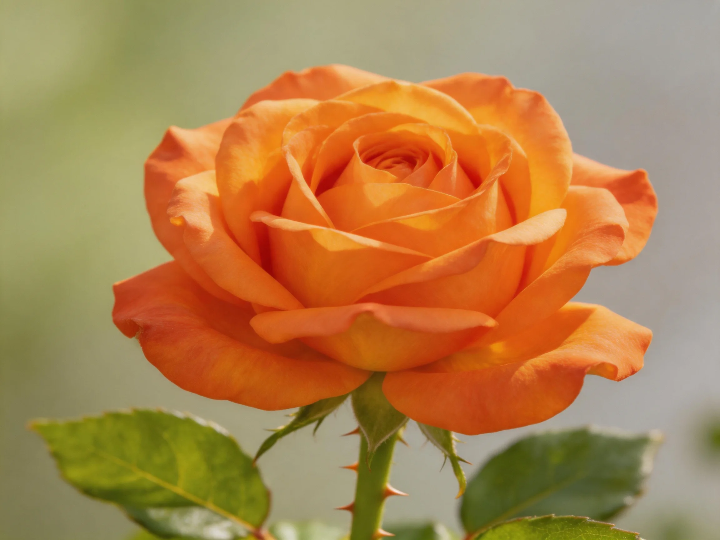 A vibrant orange rose in full bloom with green leaves nearby