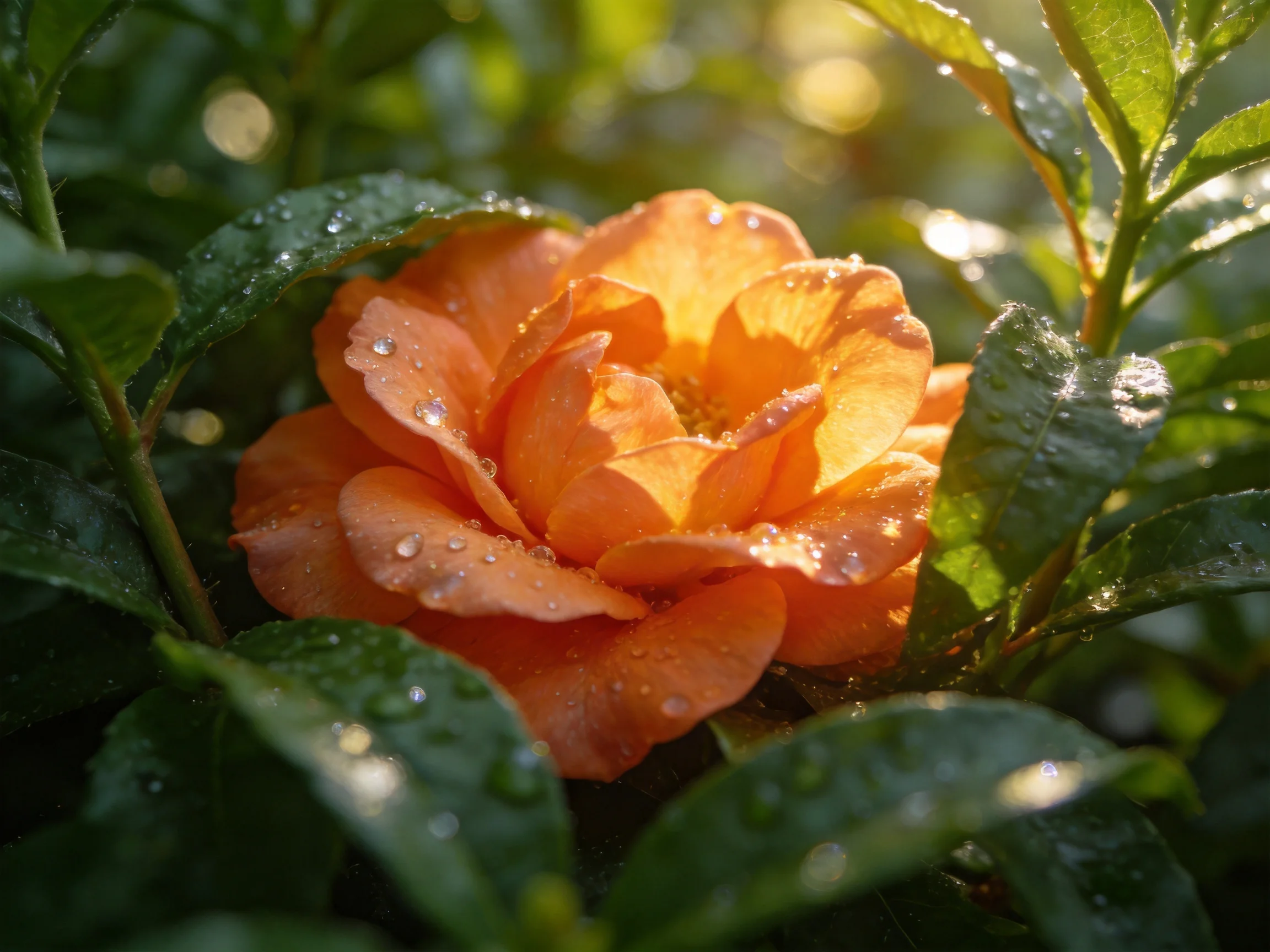 A vibrant orange rose surrounded by dewy green foliage