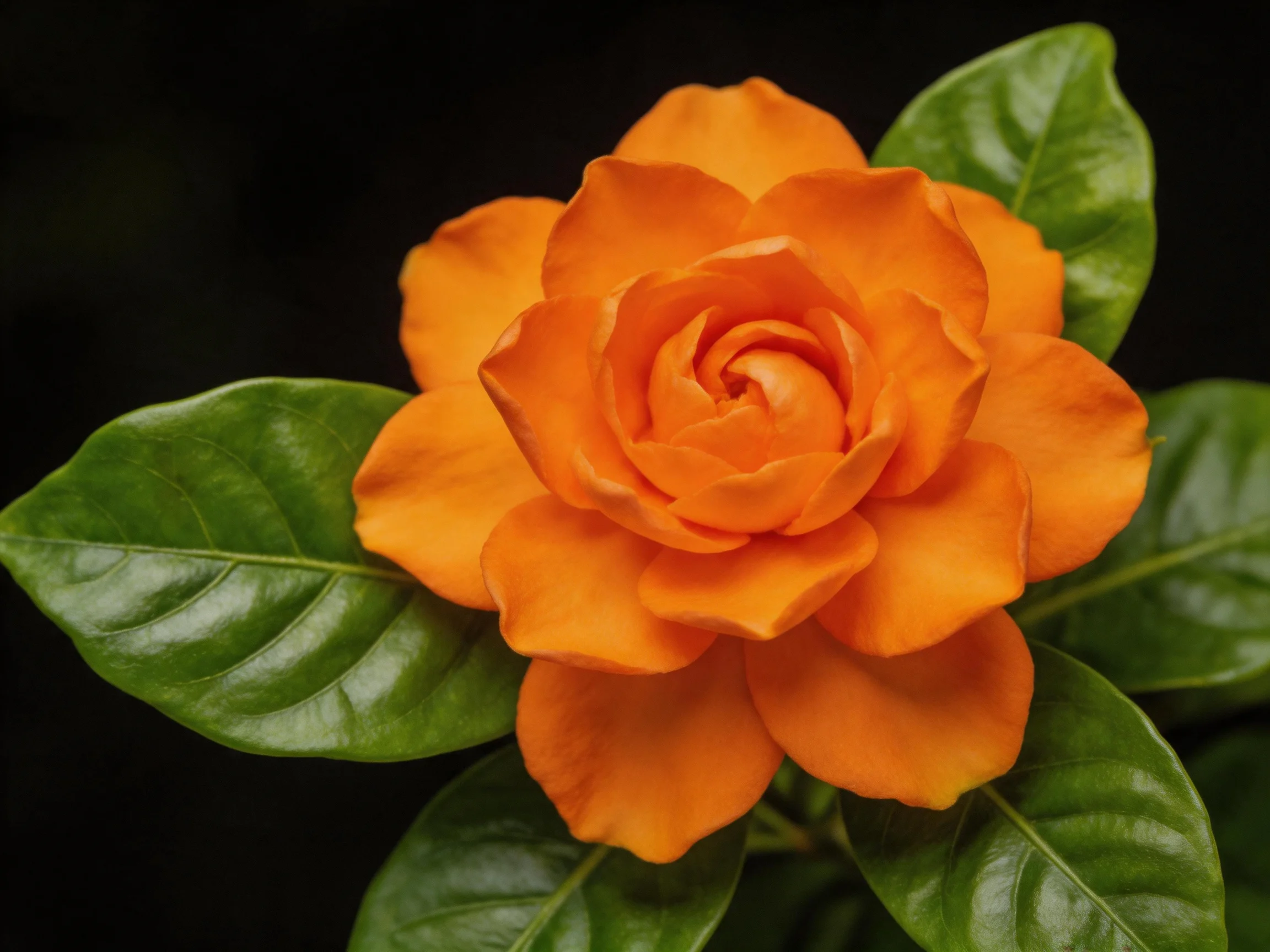 A vibrant orange rose surrounded by glossy green leaves