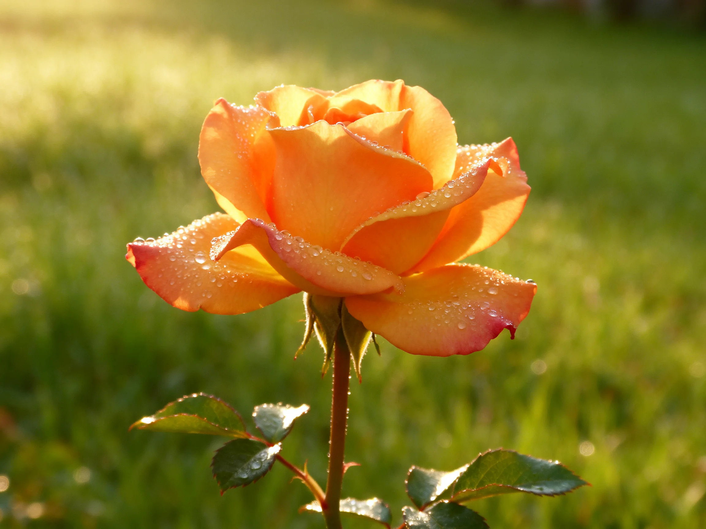 A vibrant orange rose with dew drops in a sunlit green field