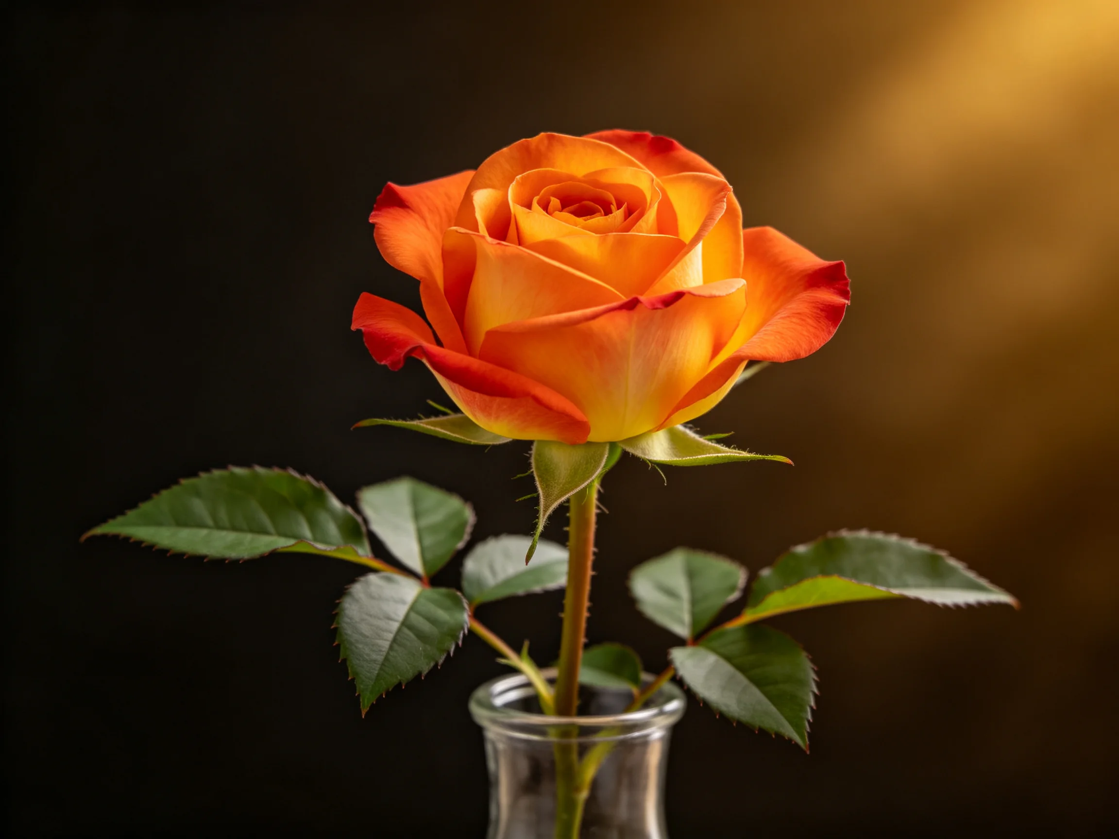 A vibrant orange rose with green leaves in a clear glass vase