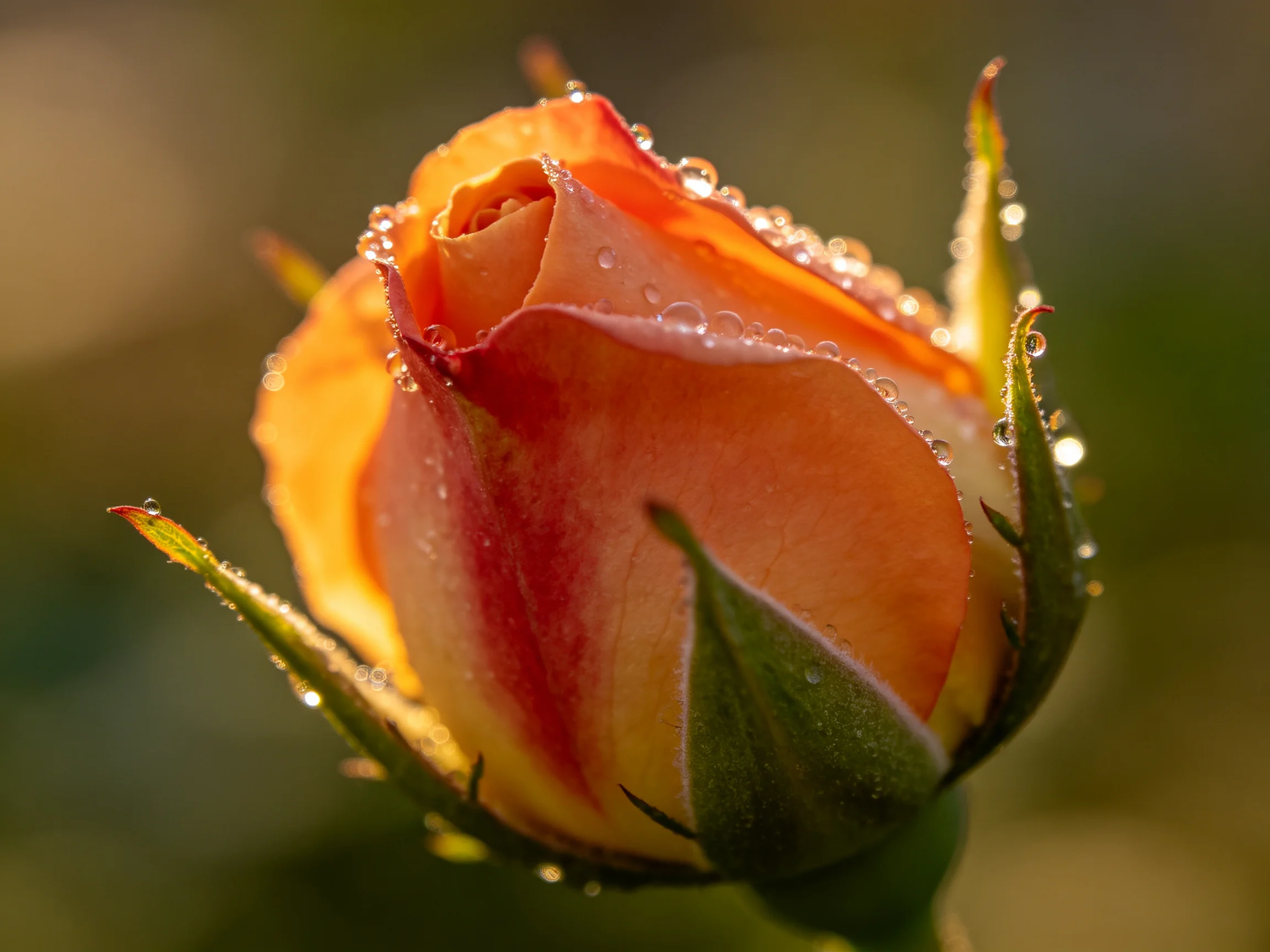 A vibrant orange rosebud with glistening dewdrops
