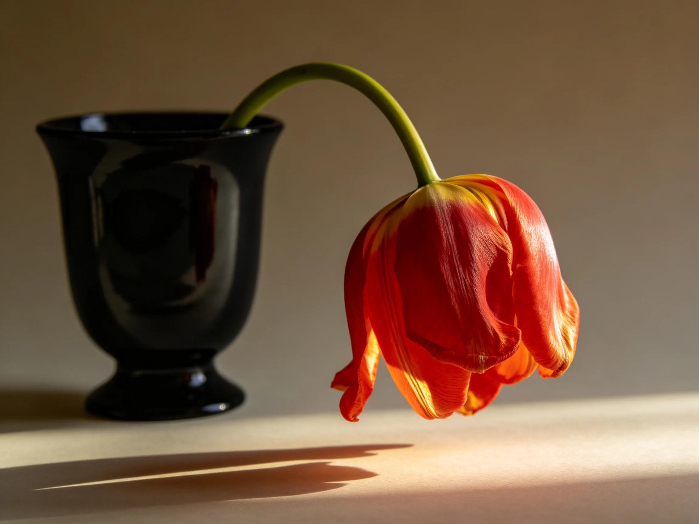 A vibrant orange tulip droops beside a glossy black vase