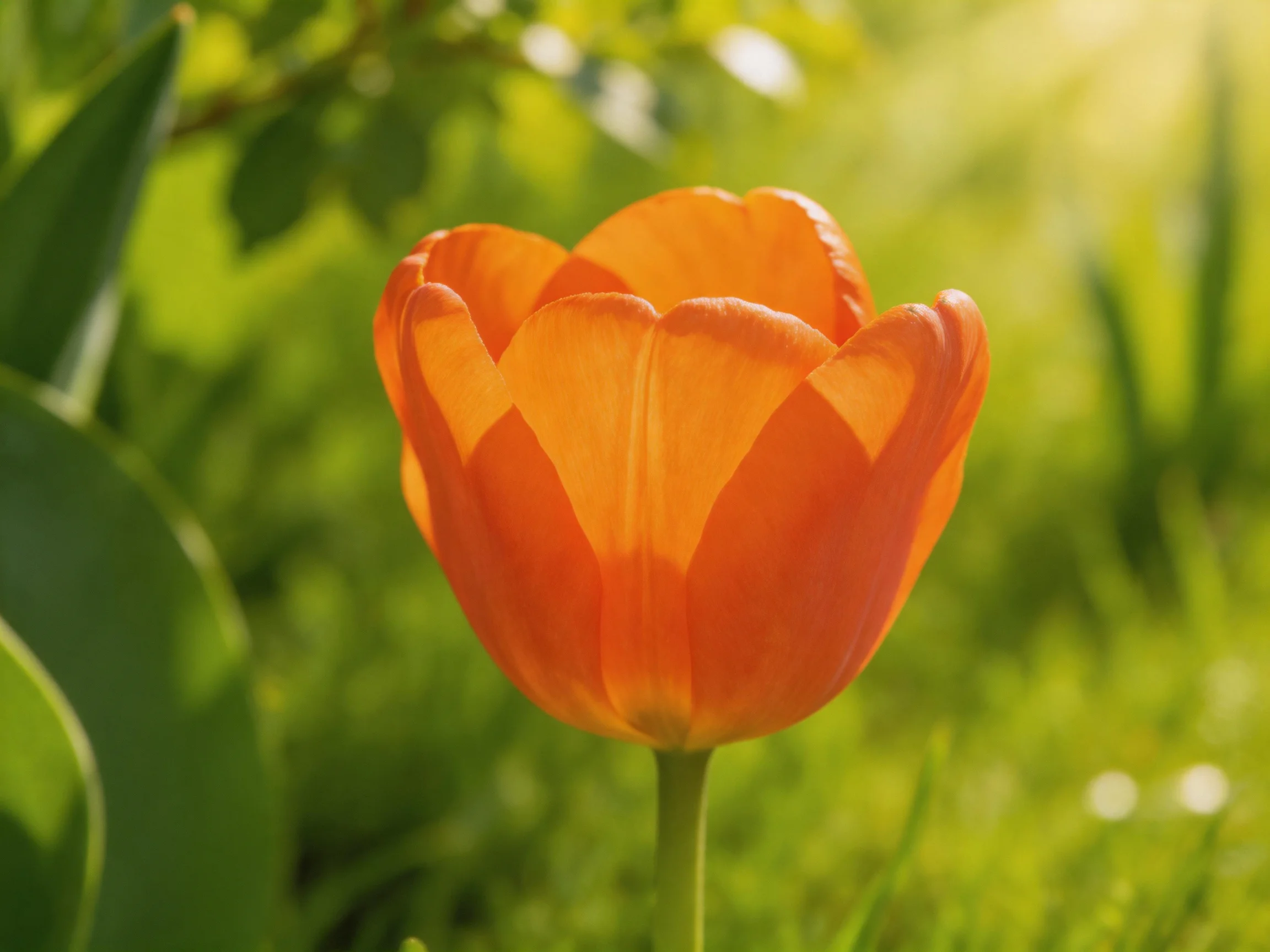 A vibrant orange tulip stands out in lush green surroundings