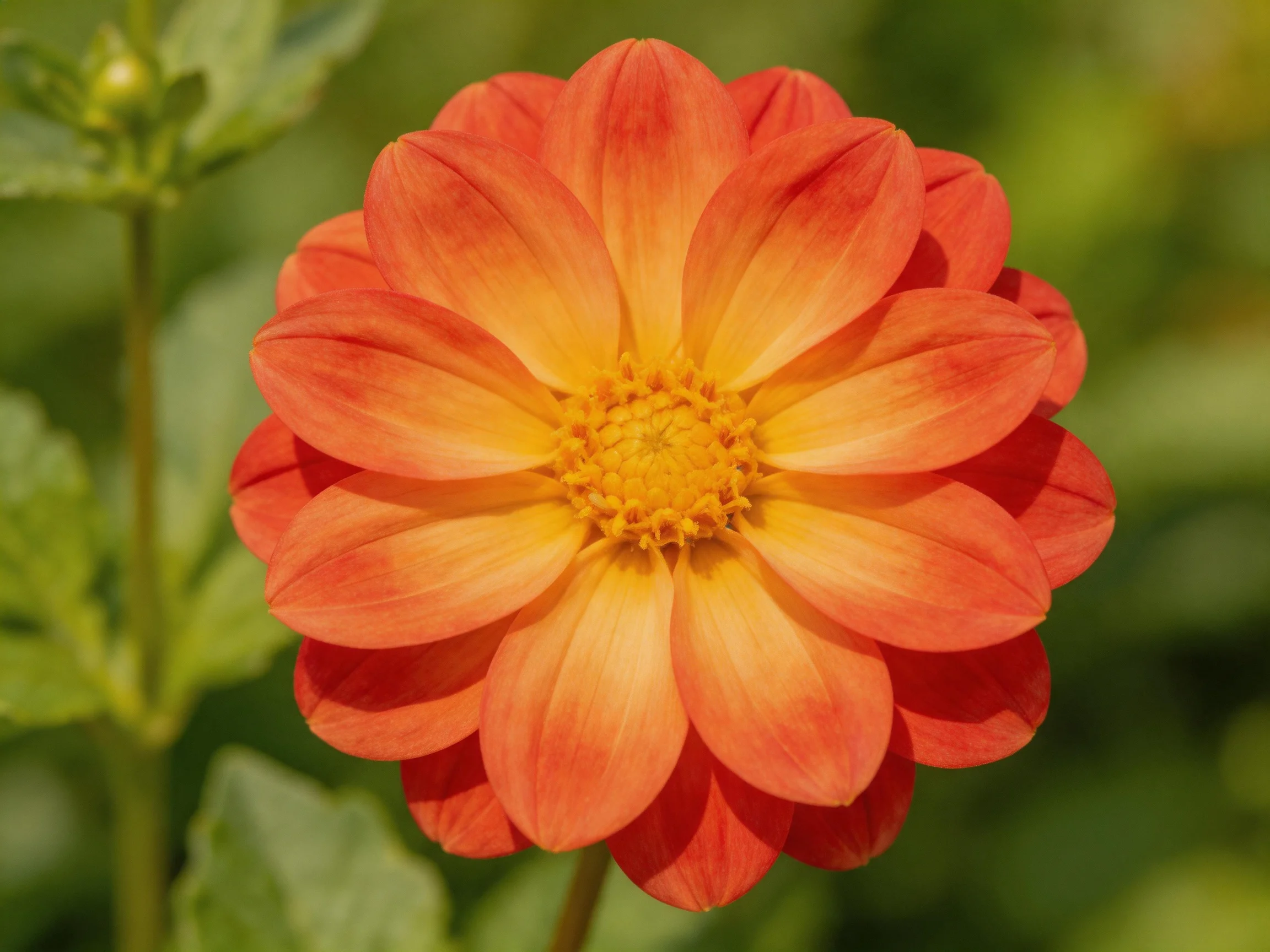 A vibrant orange-yellow dahlia blooms amid green foliage