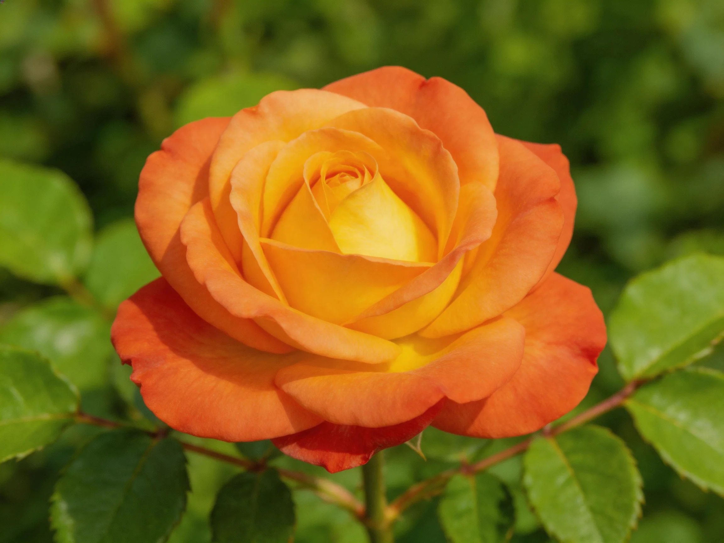 A vibrant orange-yellow rose blooms among green foliage