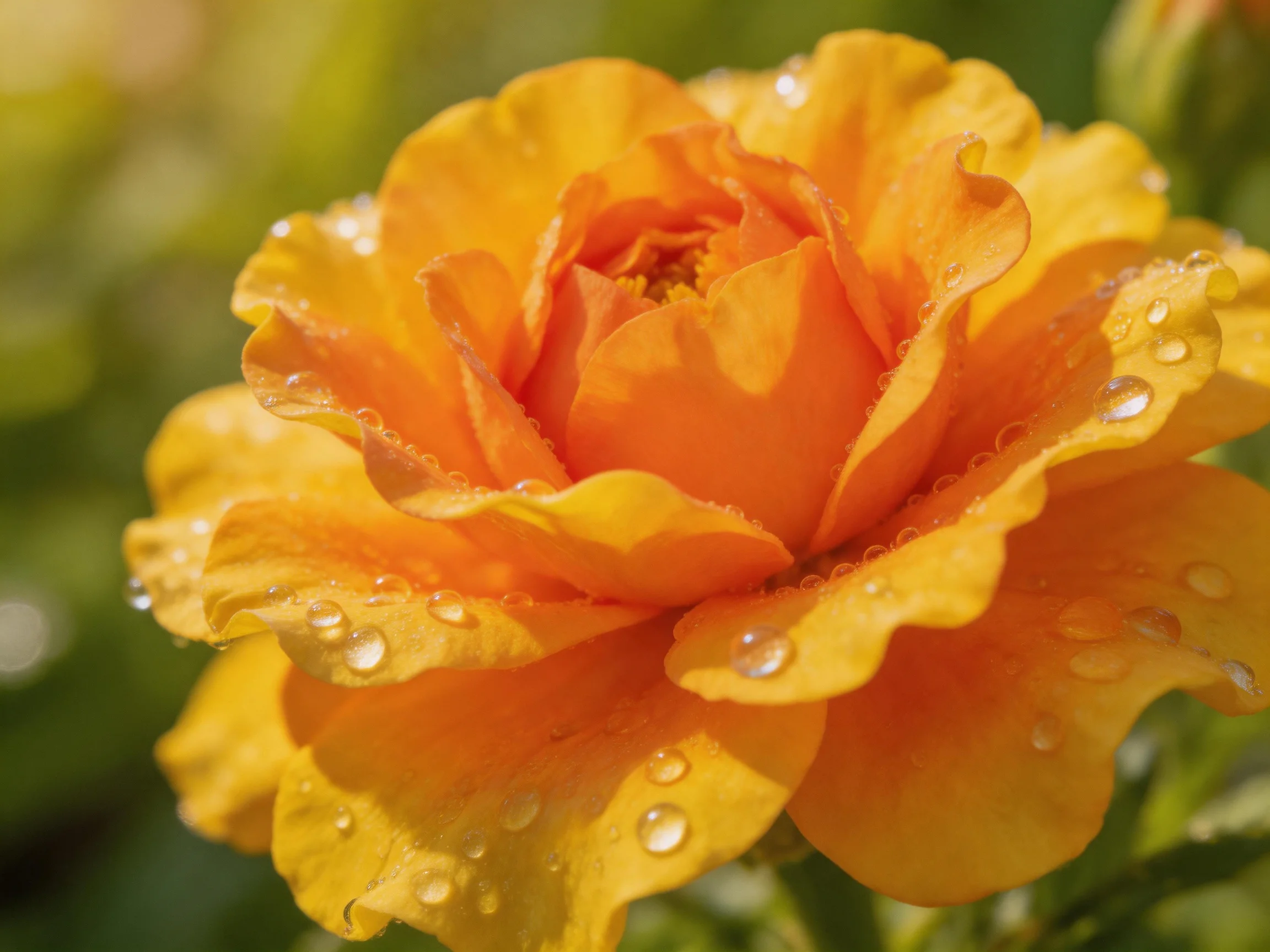 A vibrant orange-yellow rose covered in glistening dewdrops