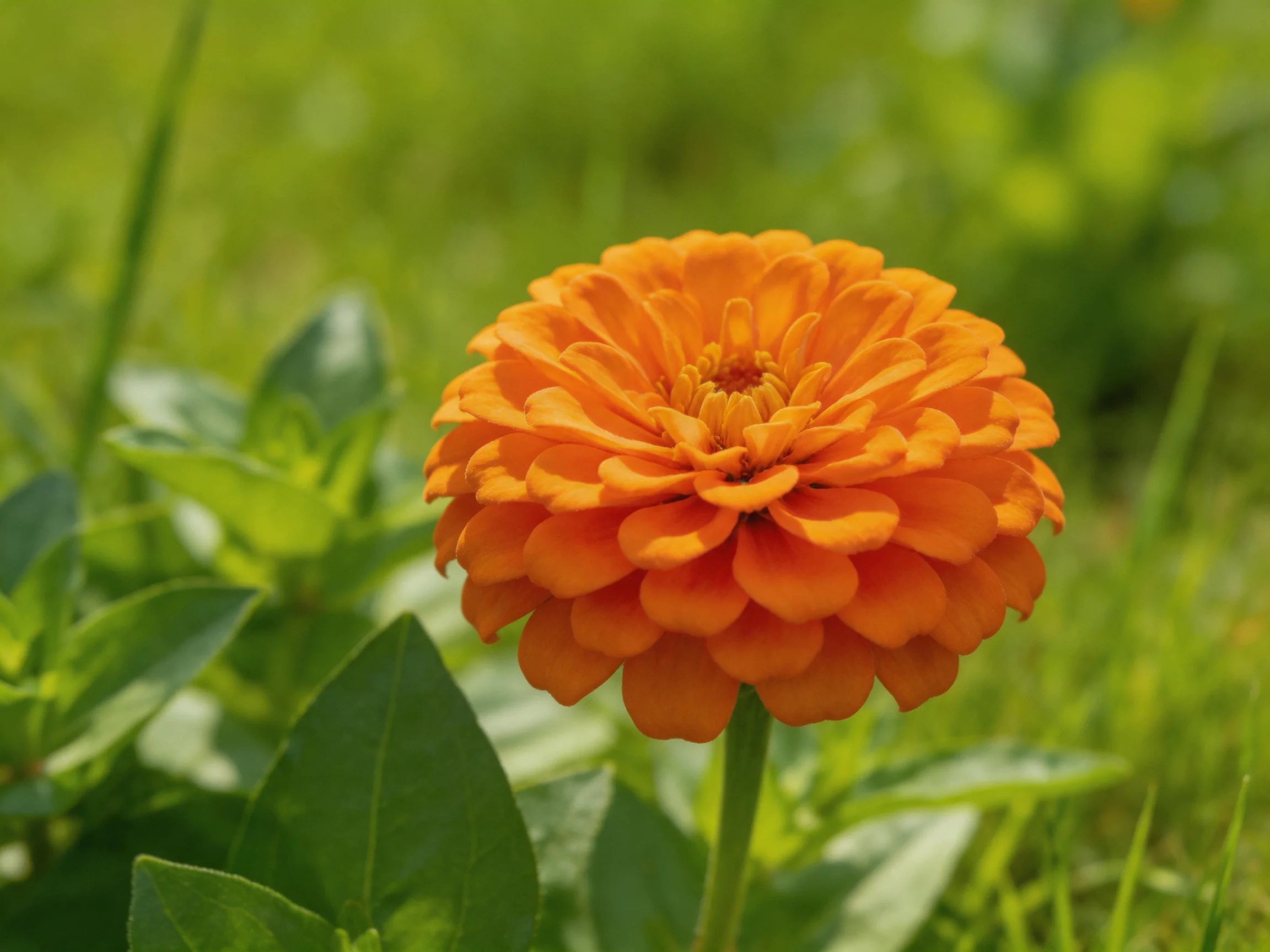 A vibrant orange zinnia flower surrounded by green foliage