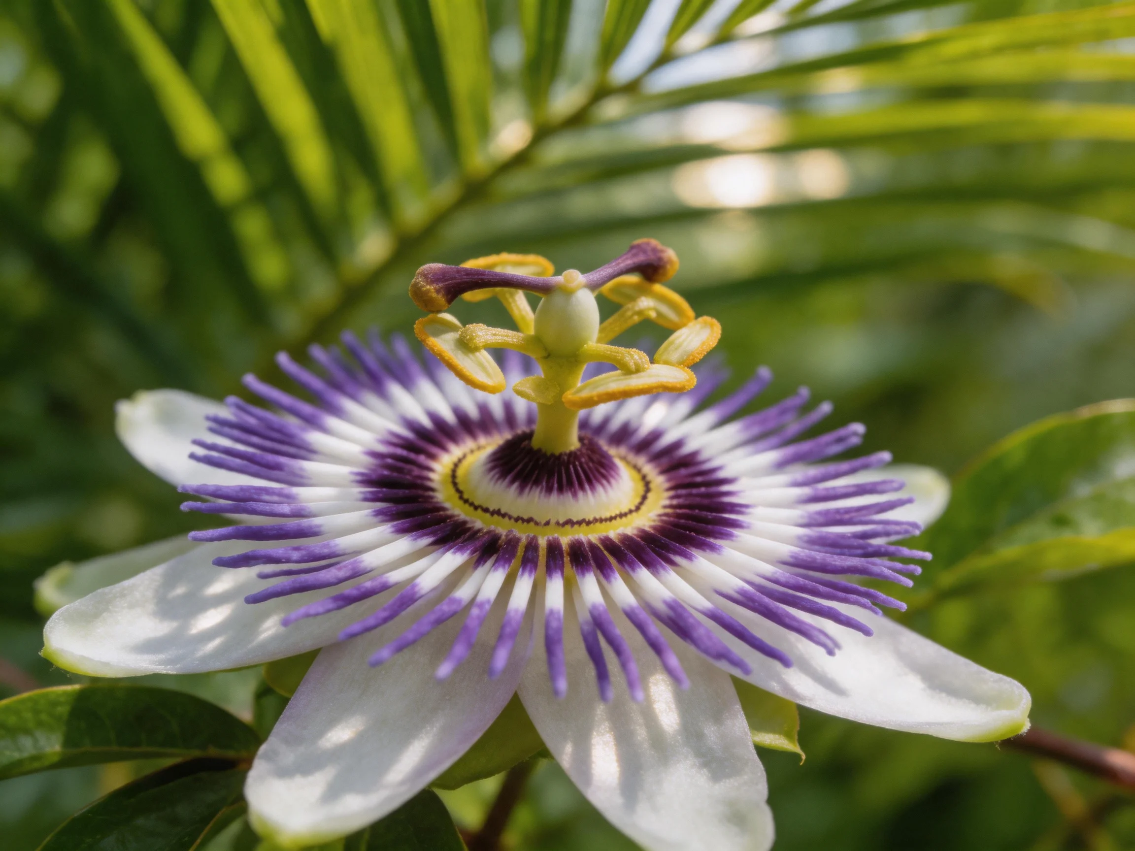 A vibrant passionflower with purple and white petals