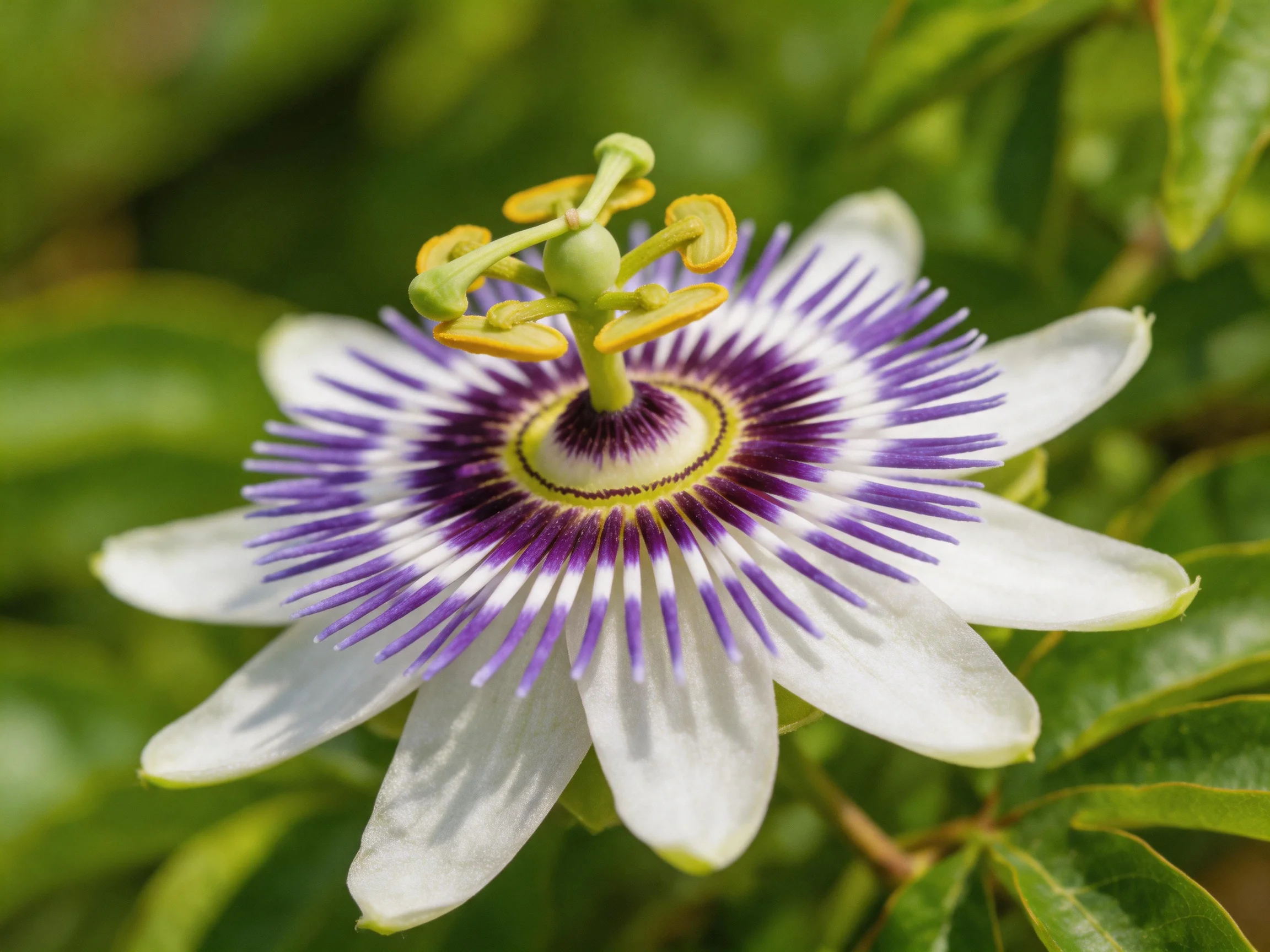 A vibrant passionflower with white petals and purple stamens