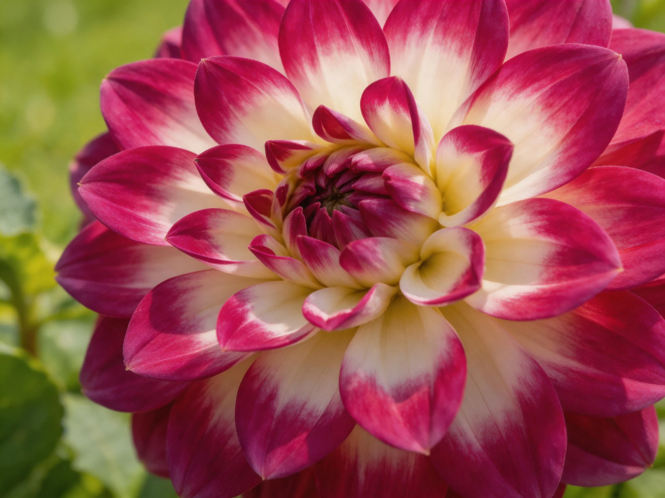 A vibrant pink and cream dahlia with layered petals
