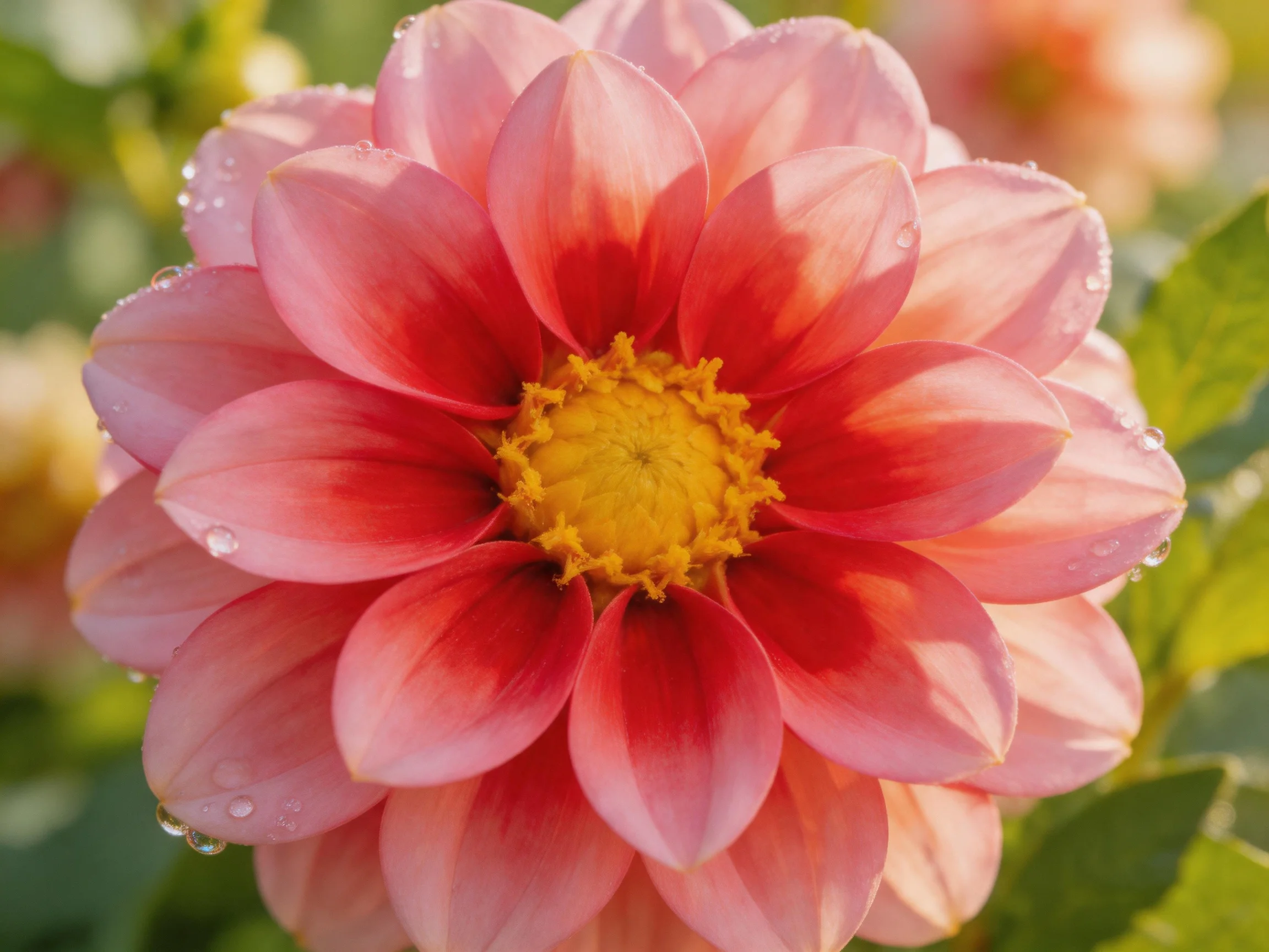 A vibrant pink and red dahlia with dew drops and golden center