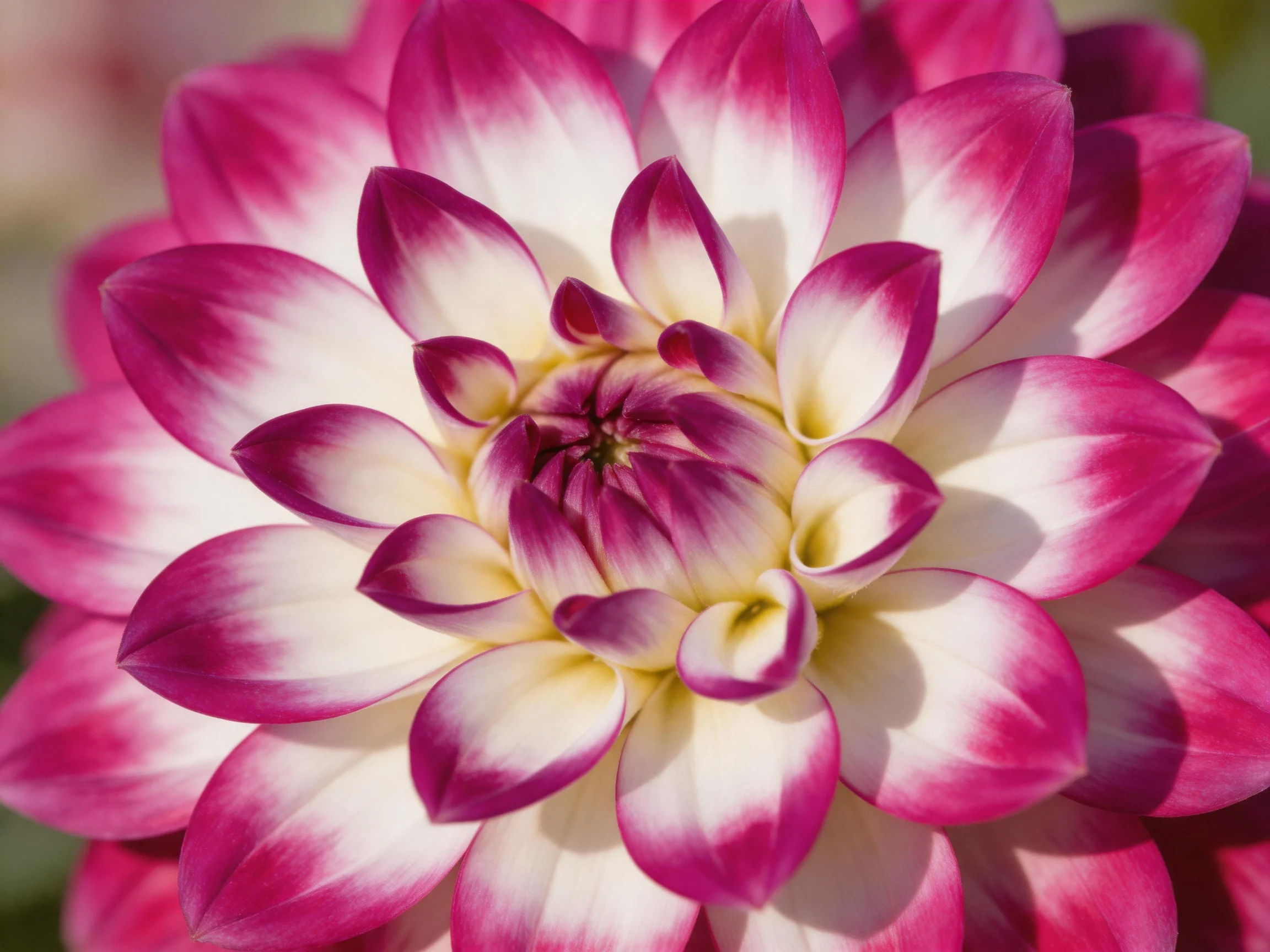 A vibrant pink and white dahlia with layered petal patterns
