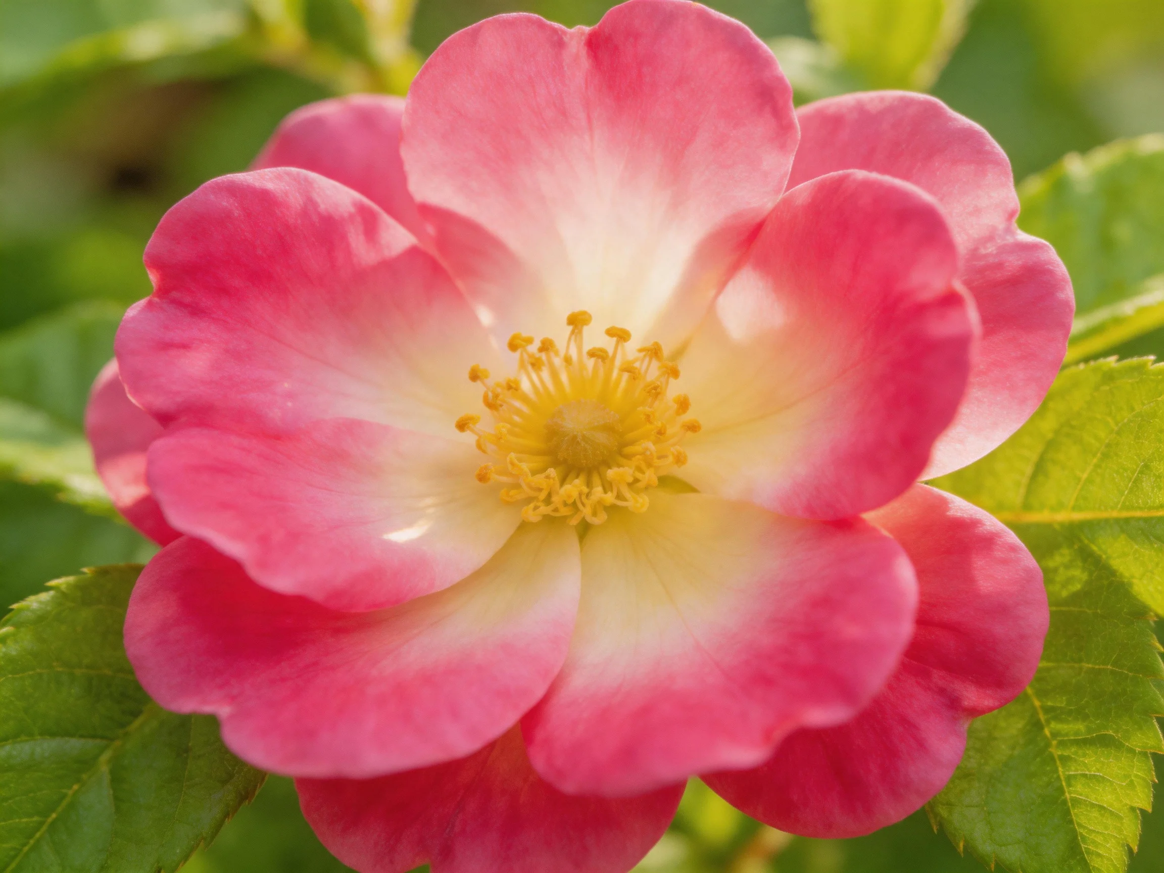A vibrant pink and white rose blooms amid lush green foliage