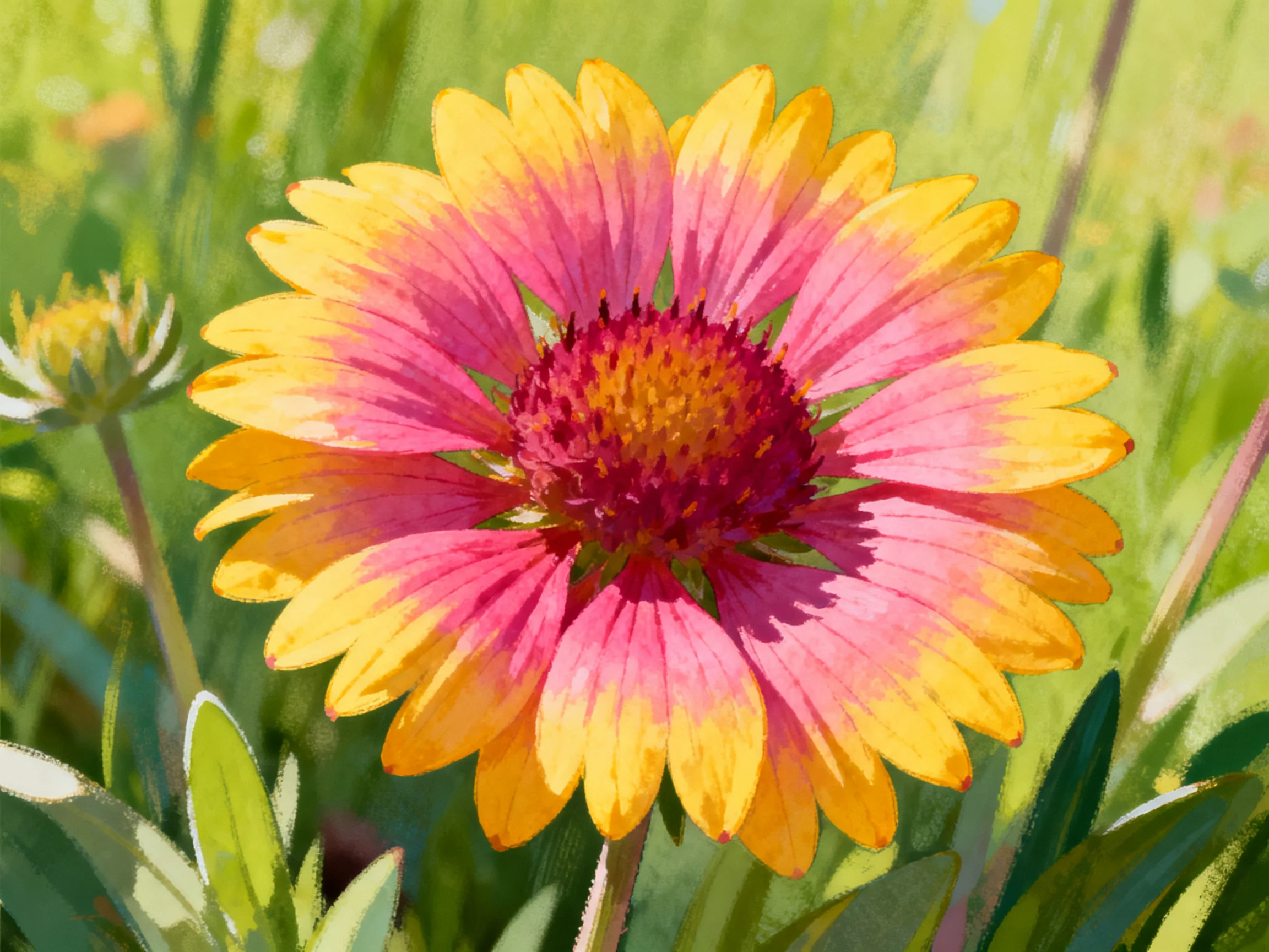 A large pink and yellow flower is centered amid green foliage in bright daylight.