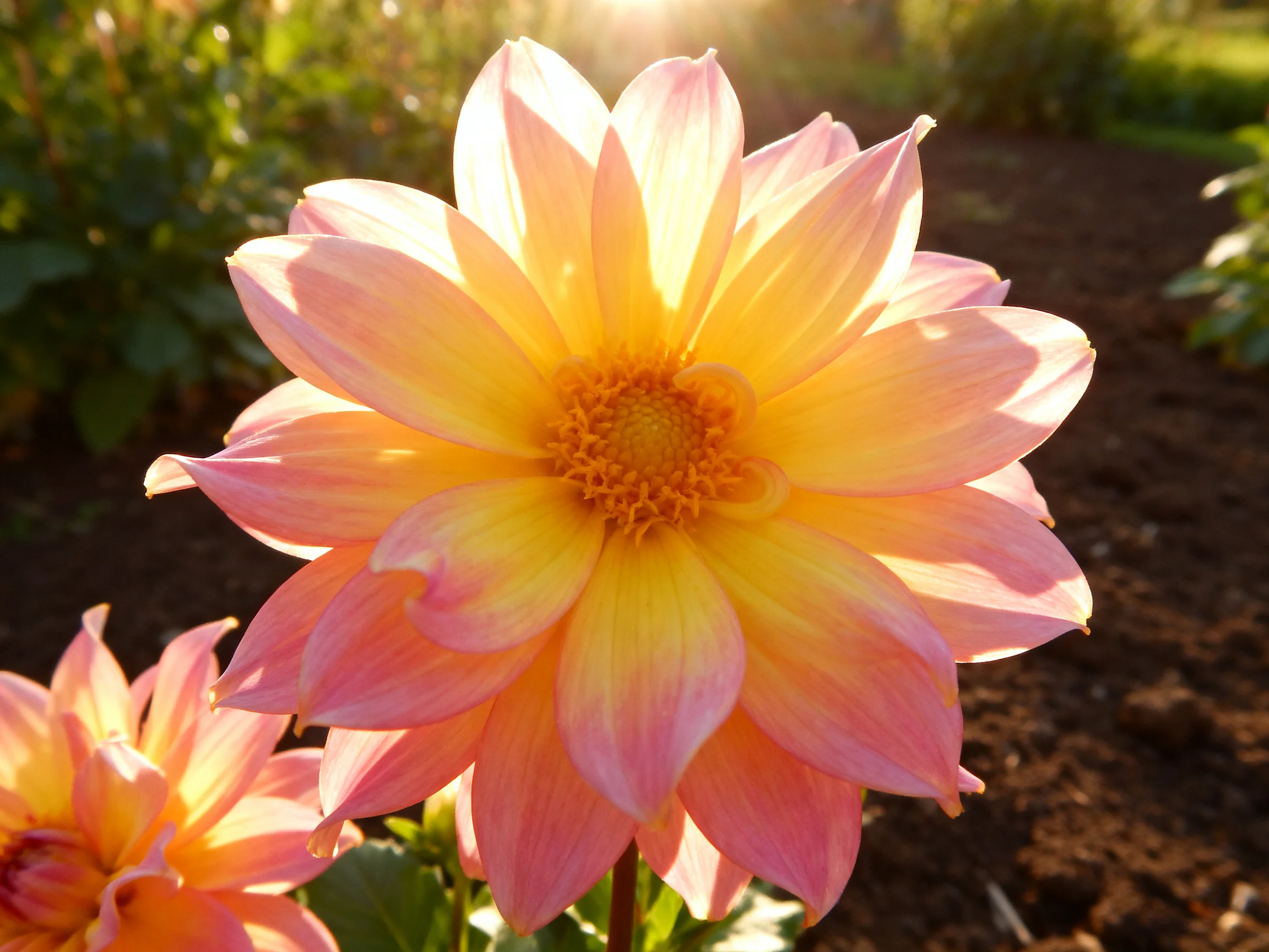 A vibrant pink and yellow dahlia blooms in a sunlit garden